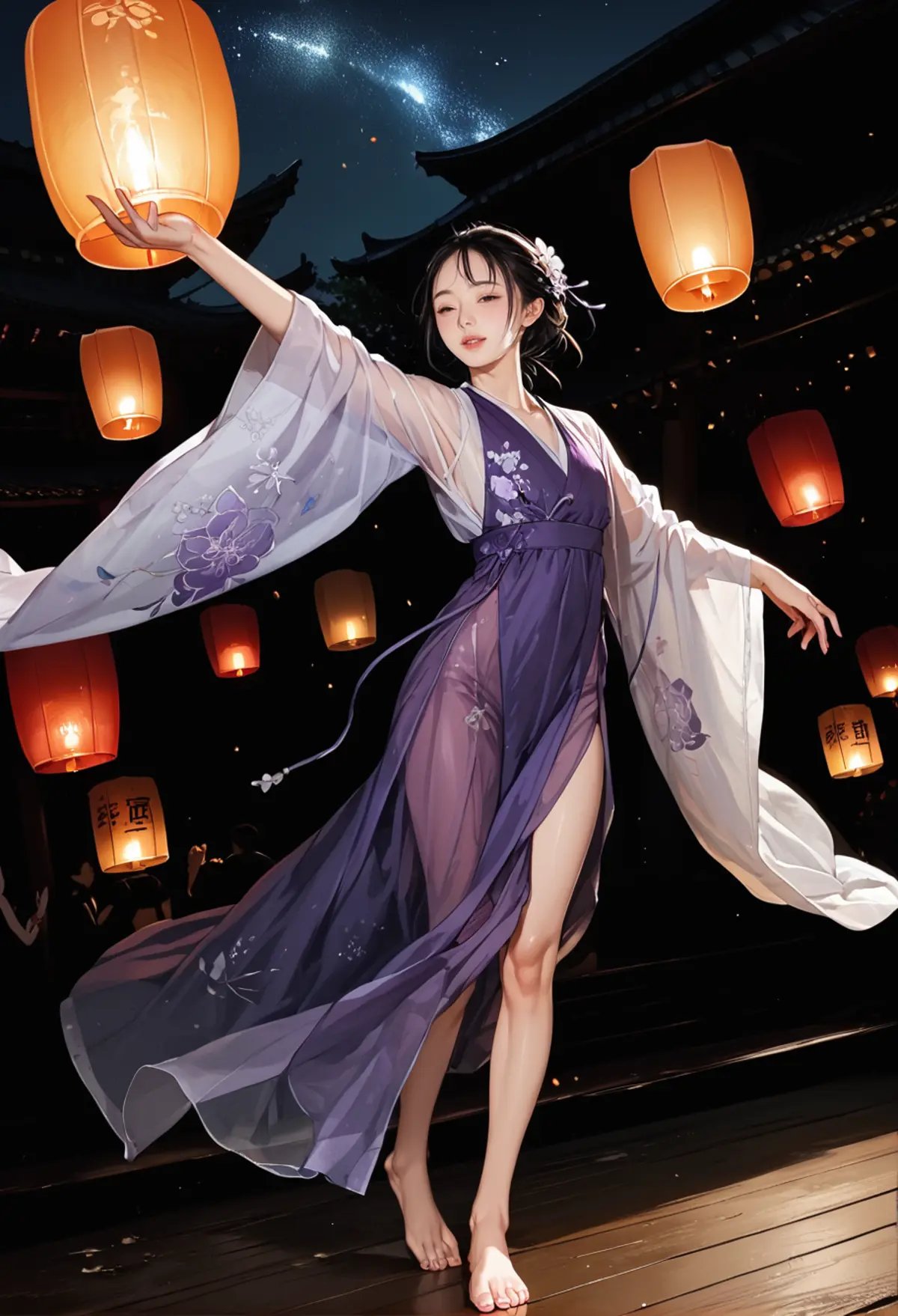 ,ruanyi0799,lantern,glowing,night sky,no humans,,ruanyi0752,hanfu,purple dress,see-through,wide sleeves,dancing,barefoot,<lora:0799 Kongming lantern_v1_pony:1>,<lora:0752 Wisteria butterfly hanfu_v1_pony:0.7>, score_9,score_8_up,score_7_up,,8k,1girl,solo,,