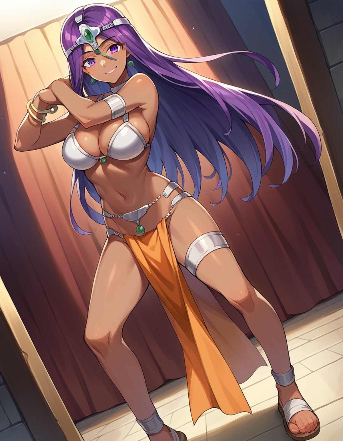 score_9, score_8_up, score_7_up, source_anime,dqmanya, <lora:dq-manya-ponyxl-lora-nochekaiser:1>,manya, dark skin, dark-skinned female, long hair, purple eyes, purple hair, smile,bikini, bikini top only, bracelet, circlet, jewelry, loincloth, pelvic curtain, sandals, swimsuit,indoors, dancing,looking at viewer, dutch angle, cowboy shot,