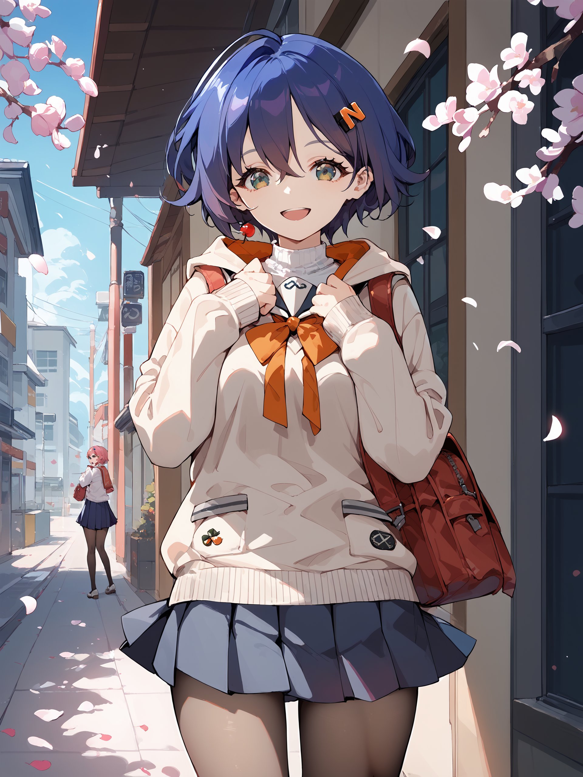 score_9, score_8_up, score_7_up, source_anime, 1girl, belle \(zenless zone zero\), hairclip, solo, school uniform, white shirt, sweater, pleated skirt, pantyhose, smile, open mouth, looking at viewer, outdoors, street, cherry blossoms, petals, depth of field <lora:Char-ZZZ-Belle-Pony-V1:0.9>