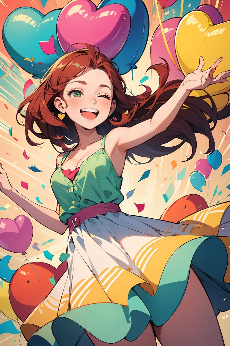Comic style,illustration,line art style,illustrated cowboy shot of (22 years old ([Amy Adams|Kate Bosworth])) with auburn colored hair and pale green eyes dancing,celebrating,(balloons and confetti),eyes closed,big grin,happy,wearing sundress,small breasts,cleavage,party,(heart shaped balloons) flying in the air,celebration,high energy,uhd,absurdres,dynamic lighting,dynamic pose,hand drawn style,bright colors,fun explosion background,<lora:GoodHands-beta2:1>,