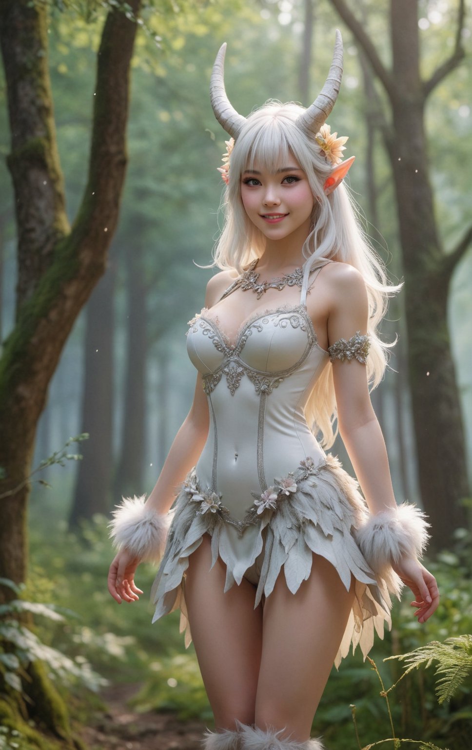 (best quality, masterpiece, colorful, highest detailed), dynamic pose, pose 1girl, ((upper body)), smile, closed mouth, looking to the side, standing, arms at sides, , fur trim, horns, light particles, light rays, long hair, pointy ears, demon girl, solo, white hair, long bangs, path, bush, field, flower, forest, grass, mushroom, nature, outdoors, path, plant, rock, scenery, tree, vines (ultra-detailed body), (beautiful background:1.3), (intricate details), (dynamic angle) <lora:InfiniteReality_SDXL_fp16:1>