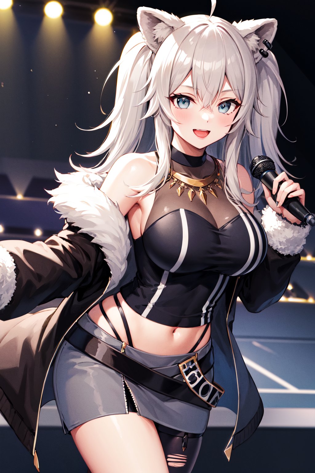 masterpiece, best quality, highres, aabotan, long hair, two side up, ahoge, animal ears, ear piercing, large breasts, necklace, off shoulder, black shirt, sleeveless, fur-trimmed jacket, black jacket, sleeves past wrists, midriff, grey skirt, single leg pantyhose, torn pantyhose, <lora:shishiro_botan_v1:0.7>, holding microphone, stage, smile, singing, cowboy shot, 