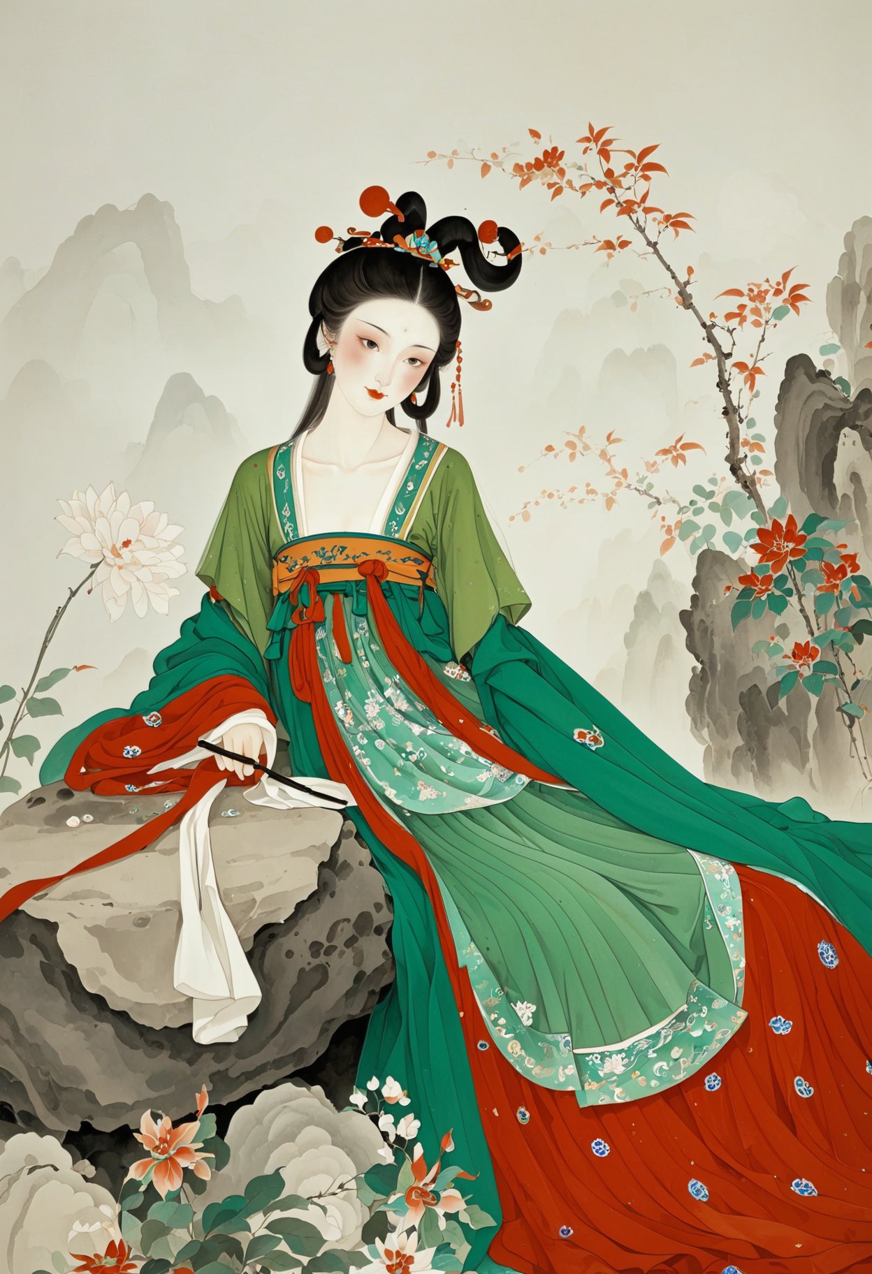 Gongbi, traditional Chinese attire, Tang dynasty, woman in elaborate green and red robe, intricate floral patterns, holding a delicate round fan, long black hair adorned with ornate hairpins, seated on a rock with blooming flowers, soft lighting, serene and elegant mood, detailed and refined brushwork.