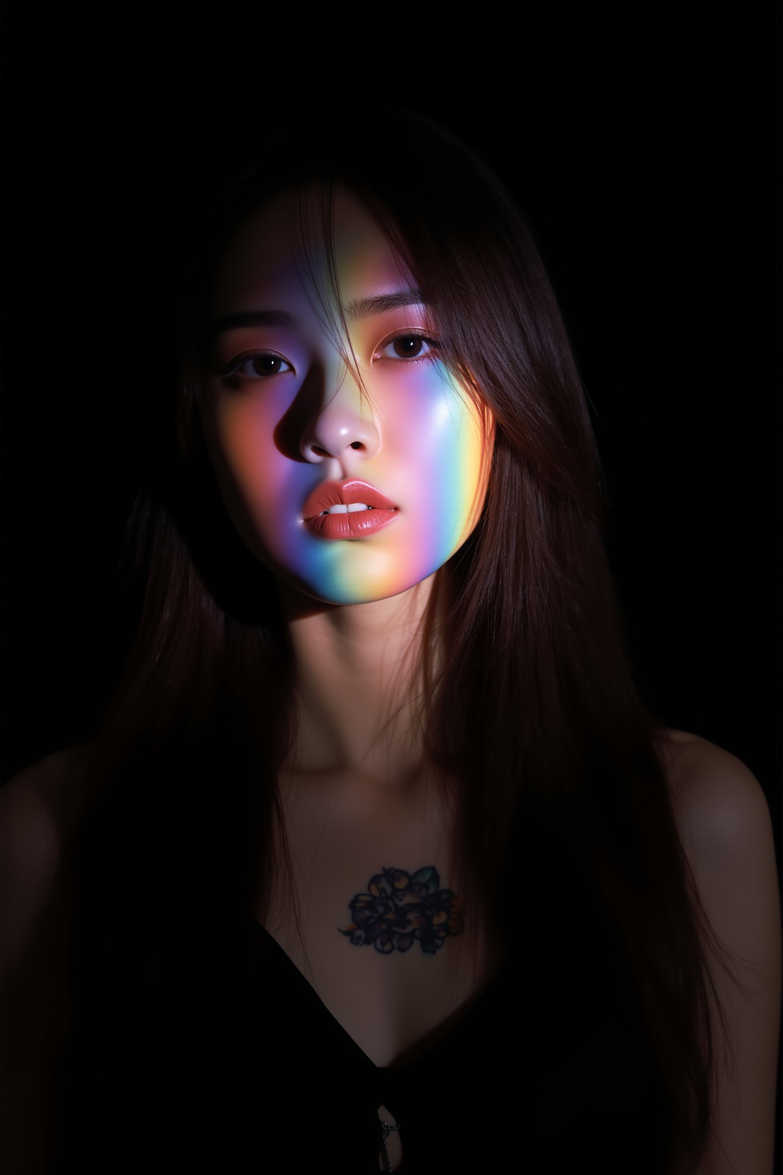 tianhai girl, Instagram Selfie of Goth Girl,Full body from above,long hair,rainbow colored light rays on her face,tattoo,selfie,tessellations,1girl,midjourneyv6.1,detailmaximizer,full body<lora:光影人像v2.0:0.8>