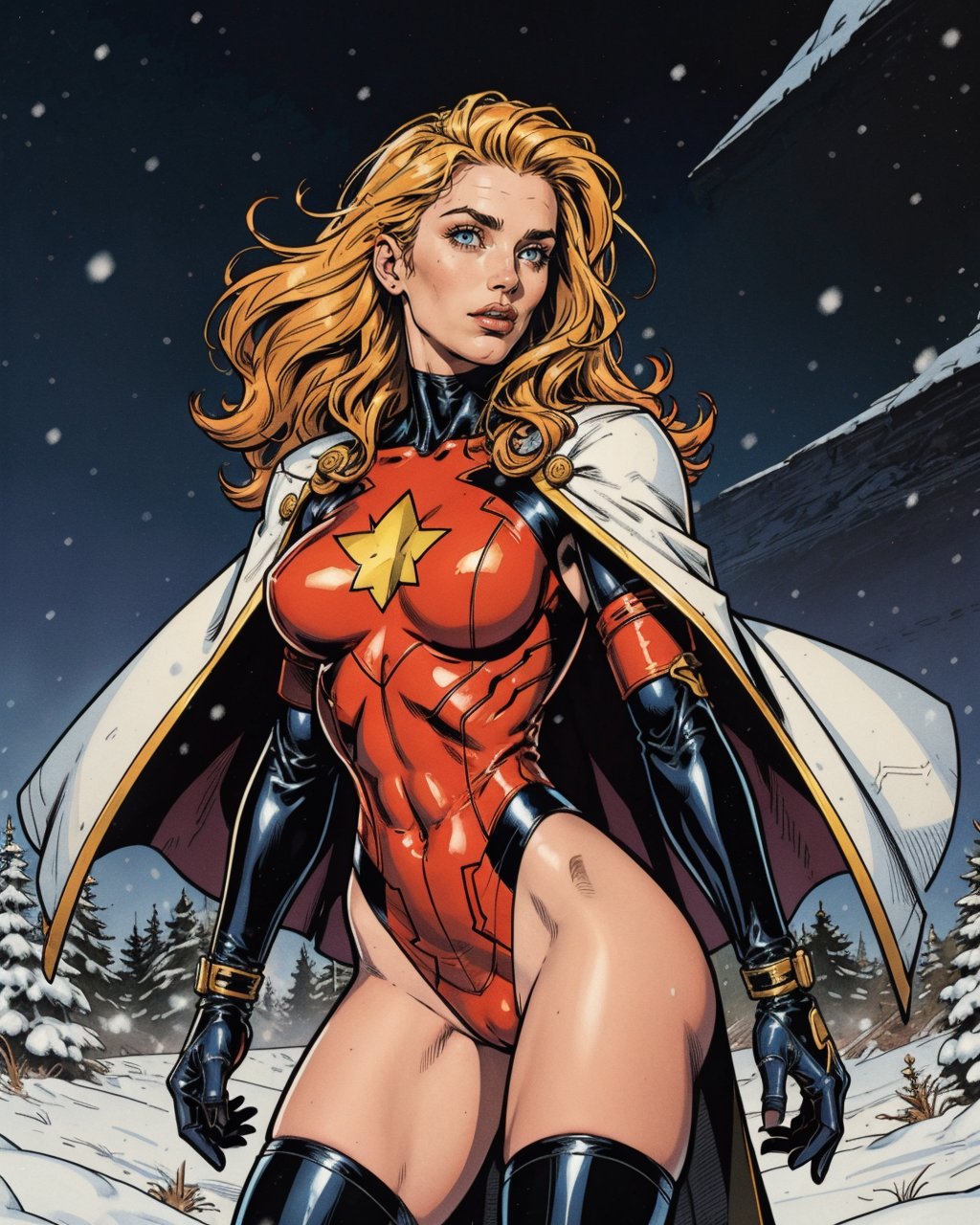 comic artwork of pretty woman, long blond hair, latex leotard, sleeves, skintight, thighhighs, cape, gloves, antactic background, cold, winter, snow, epic, dynamic shadows, cinematic lighting, <lora:detail_slider_v4:1.25>, <lora:colorify:0.75>, (upper body:0.75), crosshatching, 2D, Sharp, Detailed, HD, HDR, High Quality, High Resolution, Masterpiece