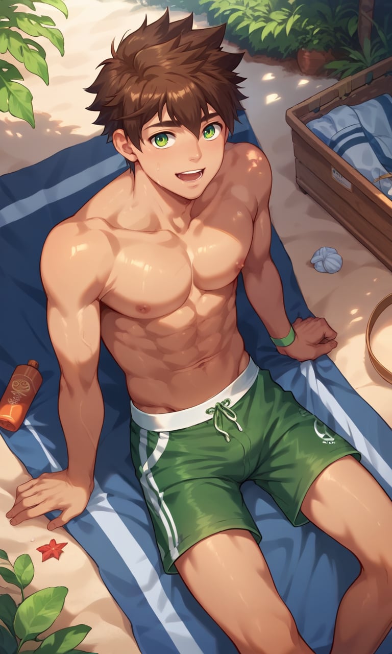 score_9, score_8_up, score_7_up, masterpiece, best quality, lots of details, ((1boy)), Keitaro, slim, solo, male focus, open mouth, light smile, brown shirt, green shorts, shaded, topless male, sitting, on beach towel, putting sunscreen on himself, detailed shading, detailed skin, shaded skin, realistic shading, looking at viewer, Expressiveh, countershading:1.1, seashore, outdoors,  <lora:add-detail-xl:0.7>, <lora:Smooth Anime 2 Style SDXL_LoRA_Pony Diffusion V6 XL:0.8>, <lora:Expressive_H:0.8>, <lora:Keitaro_XL_V10:0.9>