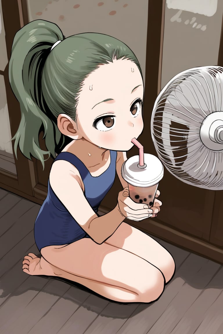 score_9, score_8_up, score_7_up, source_anime, rating_safe BREAK1girl, ponytail, green hair, brown eyes, forehead, (sweating, sweat), drinking, boba tea, holding cup, drinking straw, (blue one-piece swimsuit), sitting, on floor, barefoot, from above, veranda, porch, summer, electric fan