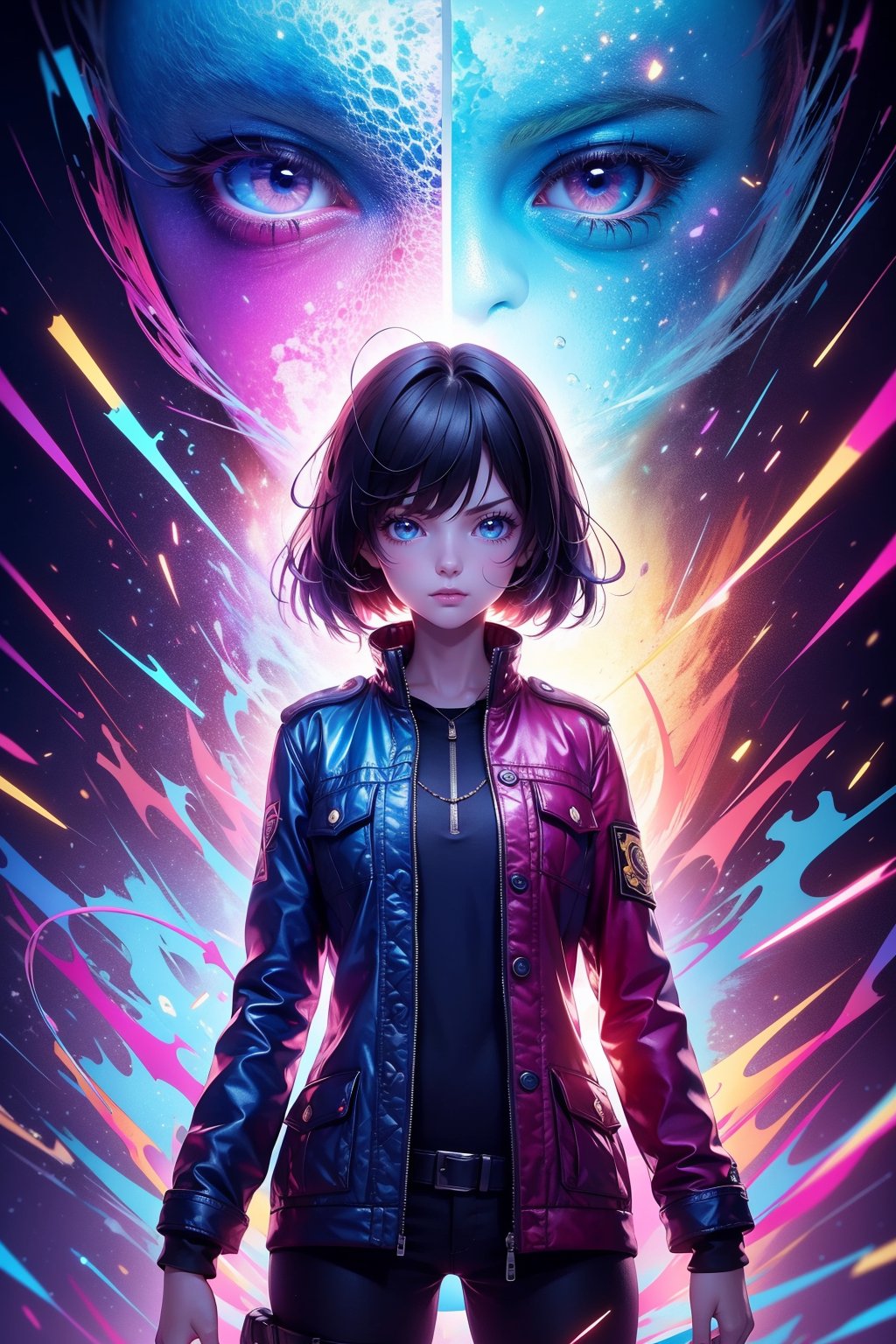 masterpiece,best quality,ultra high res,1girl,tashan,colorful,fractal art,<lora:踏山听海【炫彩】-v1:0.7>,A determined detective who won’t stop until they’ve caught the culprit behind a series of mysterious crimes.,