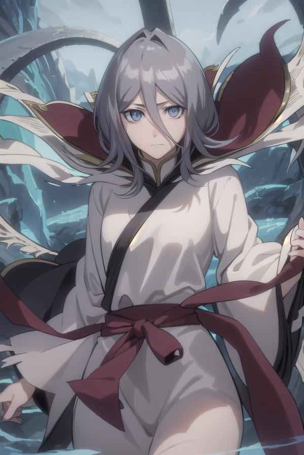 rukiakuchiki, <lora:rukia kuchiki movie3-lora-nochekaiser:1>,dark rukia kuchiki, kuchiki rukia, short hair, grey hair, hair between eyes, (grey eyes:1.5),BREAK cape, robe, white robe, high collar, long sleeves, torn clothes,BREAK outdoors,BREAK looking at viewer,BREAK <lyco:GoodHands-beta2:1>, (masterpiece:1.2), best quality, high resolution, unity 8k wallpaper, (illustration:0.8), (beautiful detailed eyes:1.6), extremely detailed face, perfect lighting, extremely detailed CG, (perfect hands, perfect anatomy),