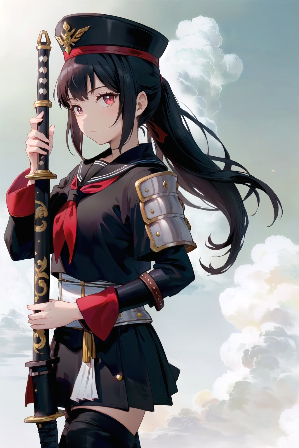 (Masterpiece, Best Quality:1.3), absurdres, (8k resolution), full body, full angle view, illustration, 1girl, solo, long hair, looking at viewer, skirt, shirt, black hair, red eyes, long sleeves, hat, holding, closed mouth, school uniform, ponytail, weapon, cowboy shot, horns, serafuku, sword, black skirt, sailor collar, holding weapon, armor, neckerchief, parted bangs, black shirt, holding sword, katana, shoulder armor, sheath, red neckerchief, black serafuku, sheathed, japanese armor, scabbard, kote. (extremely detailed), ((depth of field)), fantastic composition, (shadow), sky, cloud, (highly detailed), floating particles, ,sugar_rune<lora:EMS-359438-EMS:1.000000>