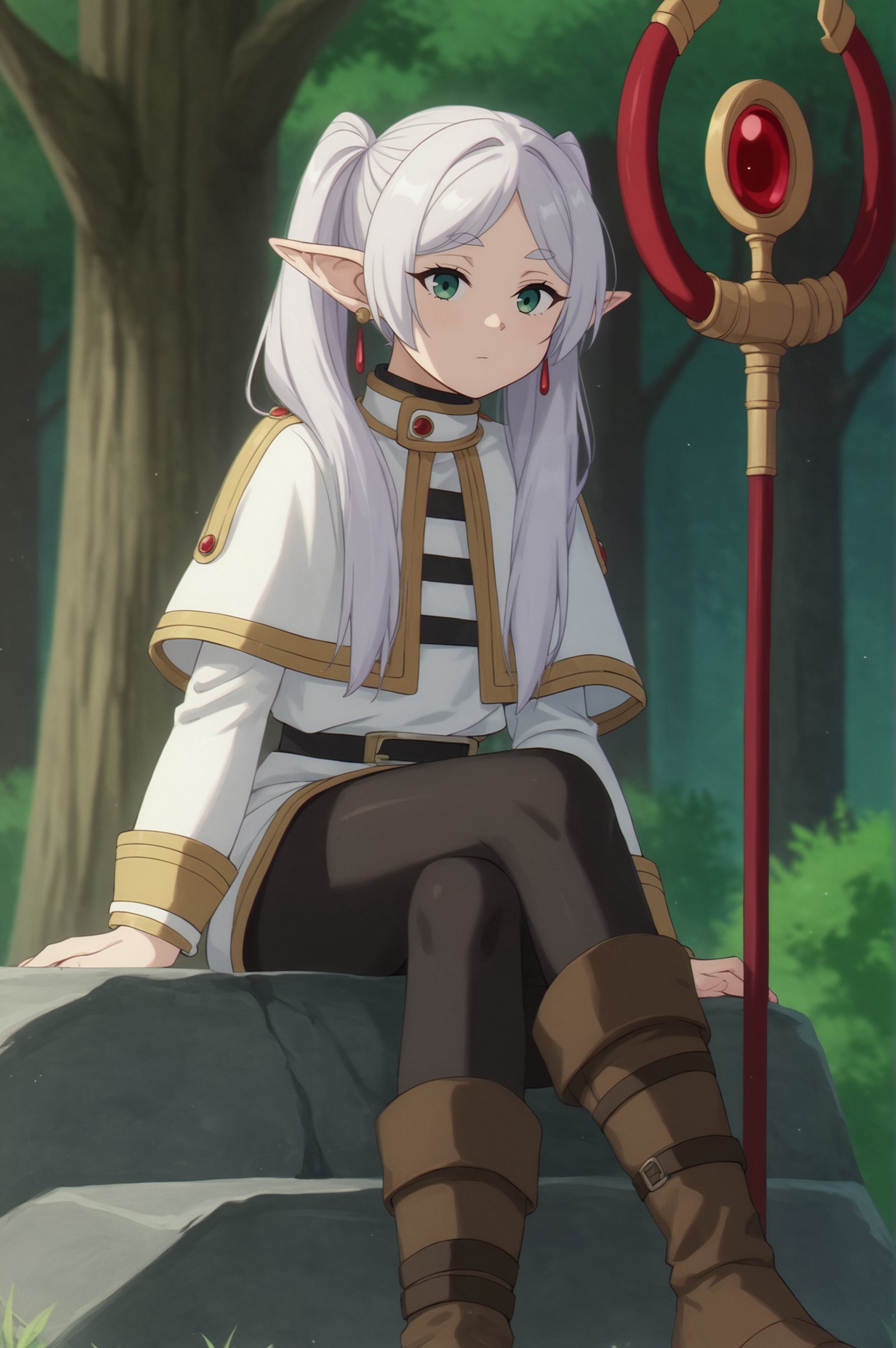 rating_all, score_10, score_8_up, score_7_up,  Frieren, 1girl, solo, long hair, long sleeves, holding, sitting, white hair, pantyhose, outdoors, boots, striped clothes, black pantyhose, tree, capelet, brown footwear, crossed legs, elf, staff, gold trim, striped shirt, rock, holding staff, head out of frame, white capelet <lora:Frieren:0.8>