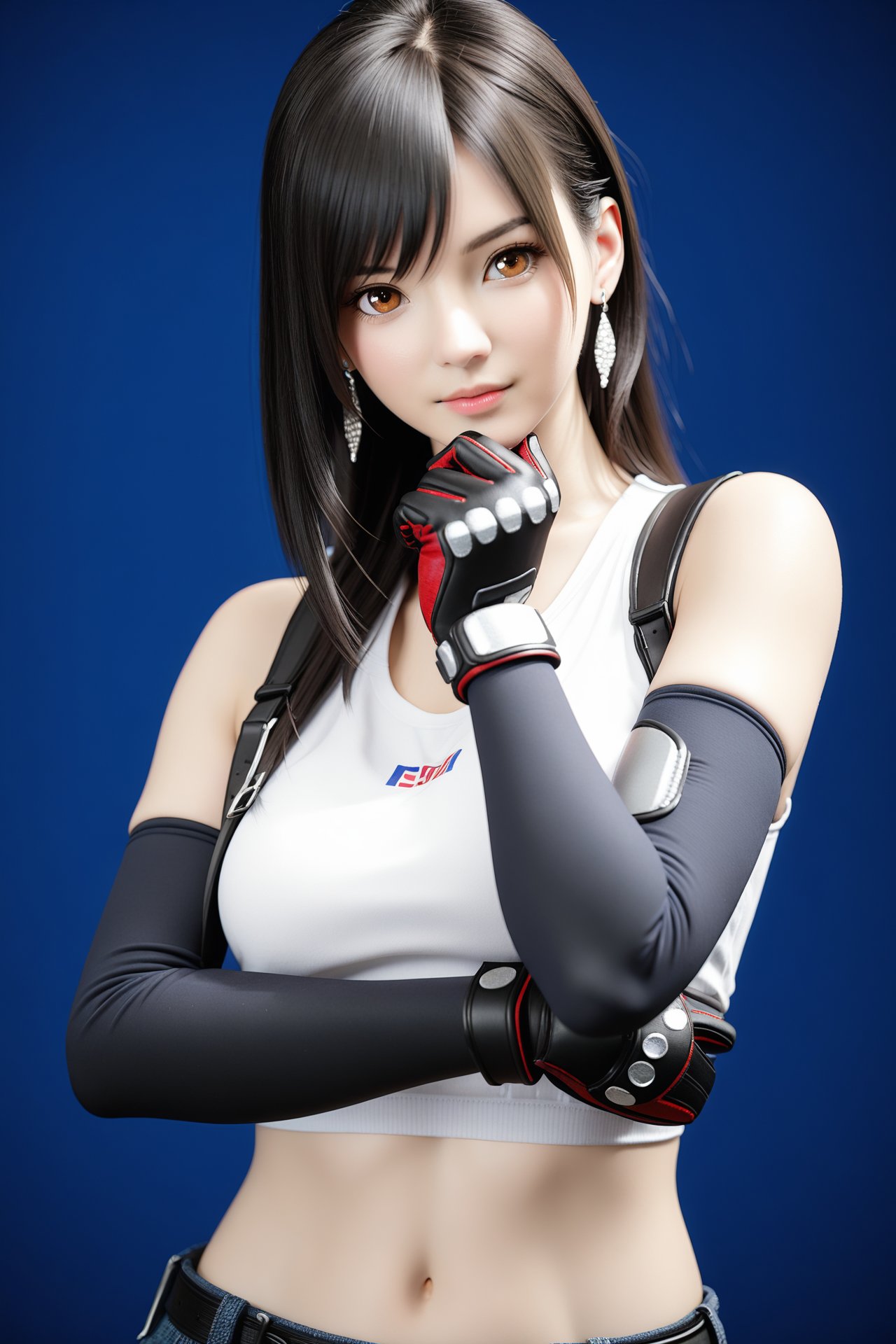 (masterpiece), (best quality),realistic,octane render,3D CG,1girl,tifa lockhart,solo,long hair,earrings,black hair,jewelry,suspenders,crop top,breasts,looking at viewer,upper body,brown eyes,bangs,shirt,gloves,elbow gloves,midriff,elbow pads,medium breasts,lips,tank top,blue background,white tank top,artist name,bare shoulders,closed mouth,white shirt,sports bra,sleeveless,