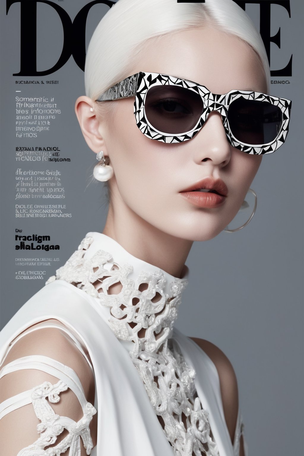 Geometric art style fashion magazine cover,exudes a sense of death,a smoking woman,standing in front of the fashion magazine's cover text for a photo *****,white cover text,decorated with gorgeous patterns and beautiful lines,slim wait,deconstructed minimalist line drawings. Fractal art effect. Dolce and Gabbana and Balenciaga Haute couture,(sunglasses),