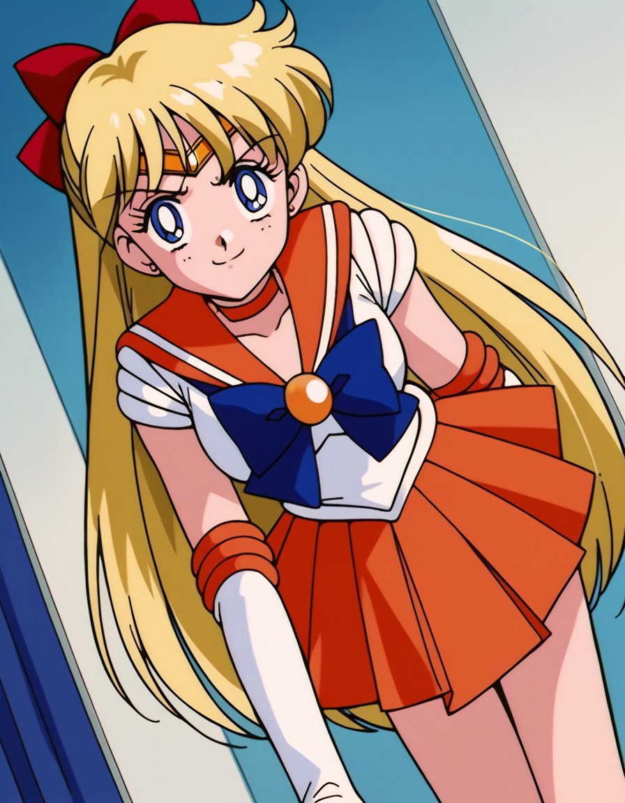 score_9, score_8_up, score_7_up, source_anime, <lora:minako-aino-s3-ponyxl-lora-nochekaiser:1>, minako aino, blonde hair, blue eyes, bow, hair bow, half updo, long hair, red bow, tiara,, back bow, choker, elbow gloves, gloves, jewelry, magical girl, orange choker, orange sailor collar, orange skirt, sailor collar, sailor senshi uniform, school uniform, serafuku, skirt, white gloves,, indoors, bent over, smile, smug, looking at viewer, solo,, cowboy shot, dutch angle