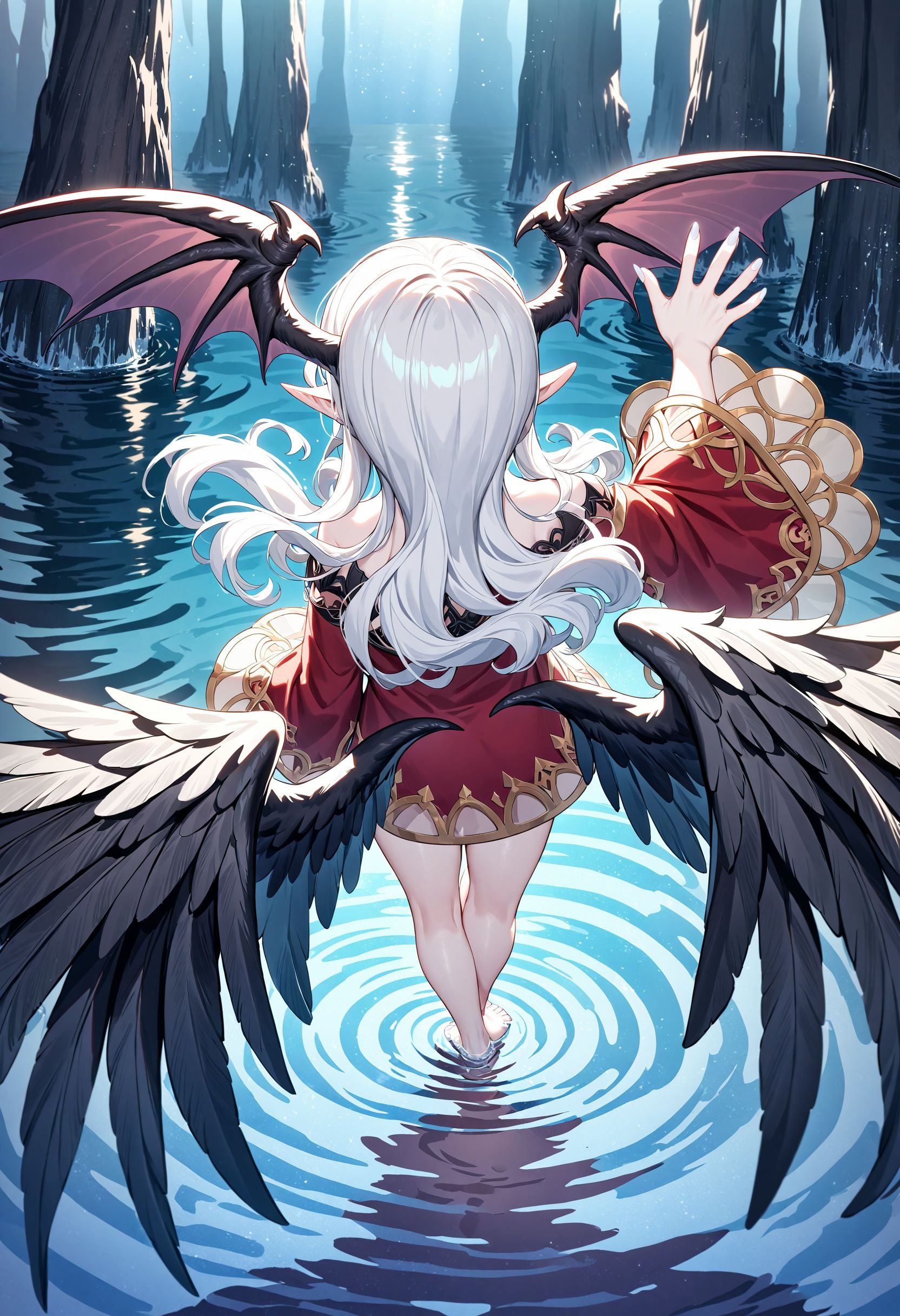 1girl,    blue eyes, pale skin, feathered wings, sidelocks, wading, fingernails, plantar flexion, looking afar, water, fantasy, bare legs, reflection, nail polish, wide sleeves, facing away, long hair, head wings, floating hair, tiptoes, white hair, demon, wings, weapon, looking ahead, ripples, pointy ears, white nails, waving, solo, barefoot, shadow, long sleeves, black wings, reflective water, from above, brown hair, demon wings, demon girl, claw \(weapon\), toenails, masterpiece, best quality, absurdres, safe