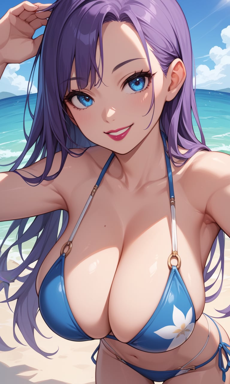 score_9, score_8_up, score_7_up, score_6_up, score_5_up, score_4_up, source_anime, BREAK, face focus, solo focus,1girl, purple hair, long hair, blue eyes, lipstick, swimsuit, bikini, massive breasts, beach, ocean, smile, looking at viewer, skinny, slim waist