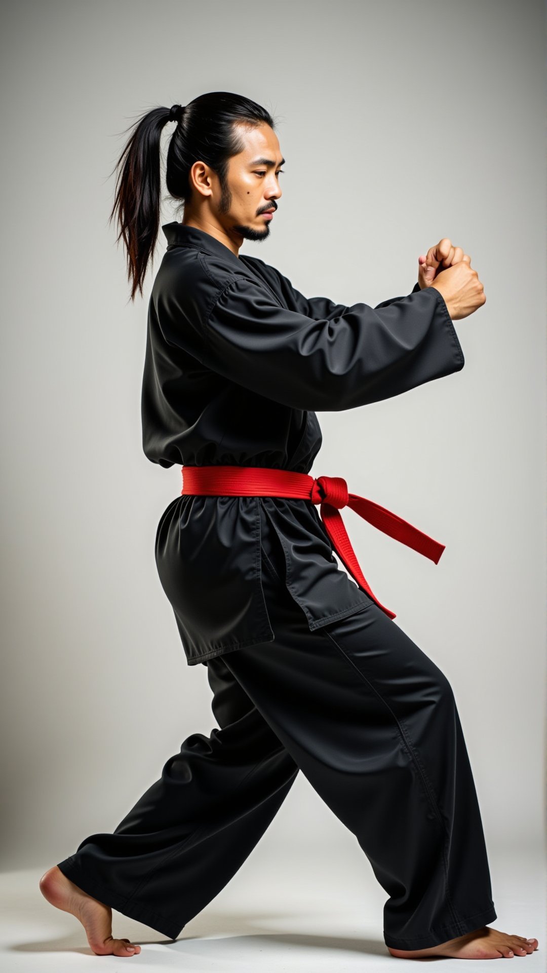 A professional photo of a man with a ponytail practicing martial arts