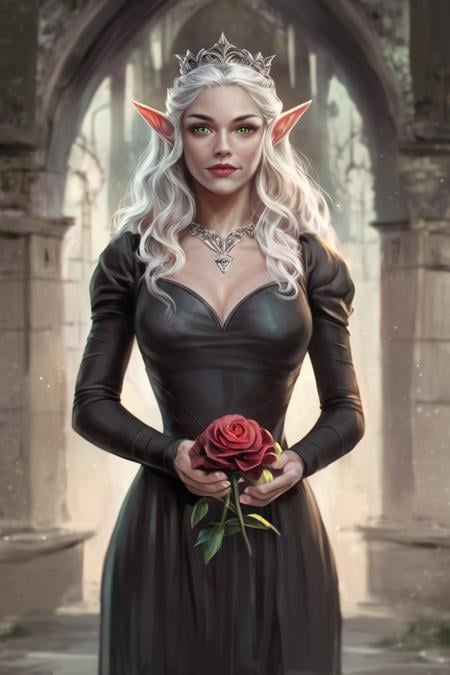 score_9, score_8_up, score_7_up, rating_safe, concept art, digital art, realistic, 1girl, solo, elf, pointy ears, breasts, long hair, long hair, white hair, green eyes, portrait, looking at viewer, black dress, tiara, silver tiara, holding, holding flower, rose, red rose, necklace, jewelry, cowboy shot, standing, outdoors, castle <lora:Concept Art Brush Style LoRA_Pony XL v6:1>