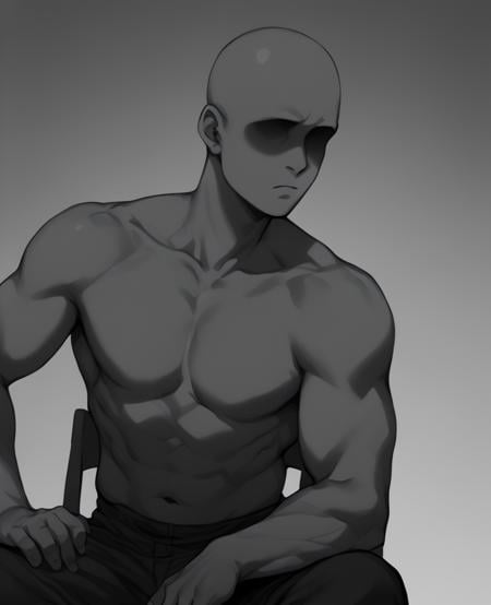 score_9, score_8_up, score_7_up, faceless male, sitting, muscular male, bald, pants, bare chest, chair, greyscale, simple background, solo, shaded face, monochrome, grey background, gradient background<lora:faceless:2> <lora:lowlight_1721964122_1721964450_dim32_sv_fro_dp0.92_1721964790_1722820361:0.8>