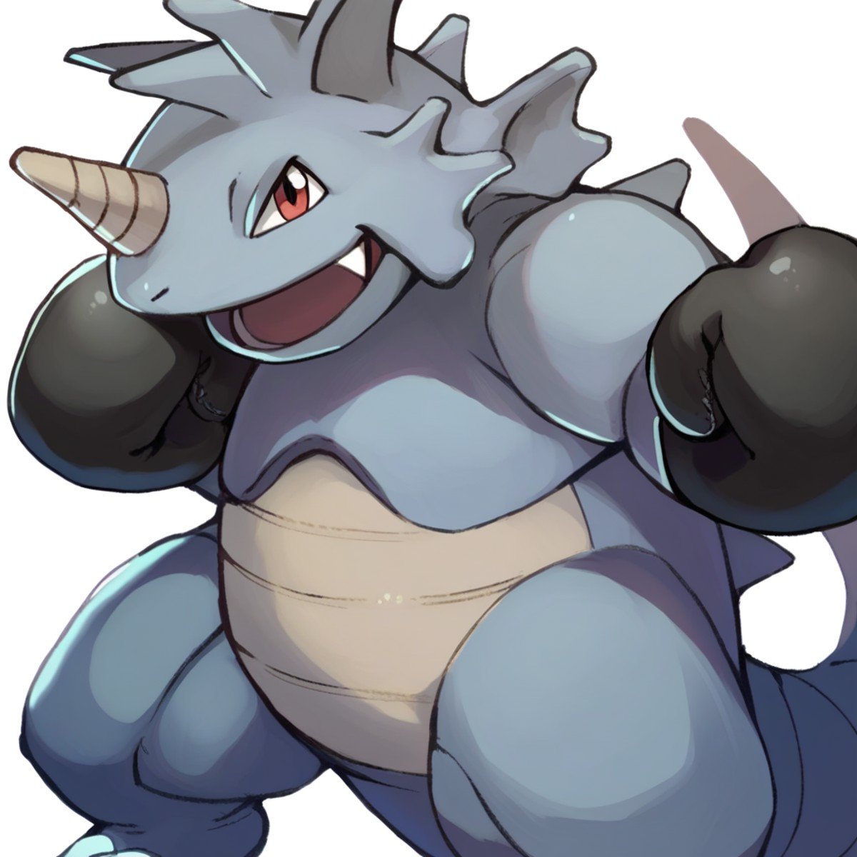 (source_anime, score_9, score_8_up, score_7_up:1), solo male, rhydon, feral, open mouth, boxing gloves, looking at viewer, smile, simple background, white background