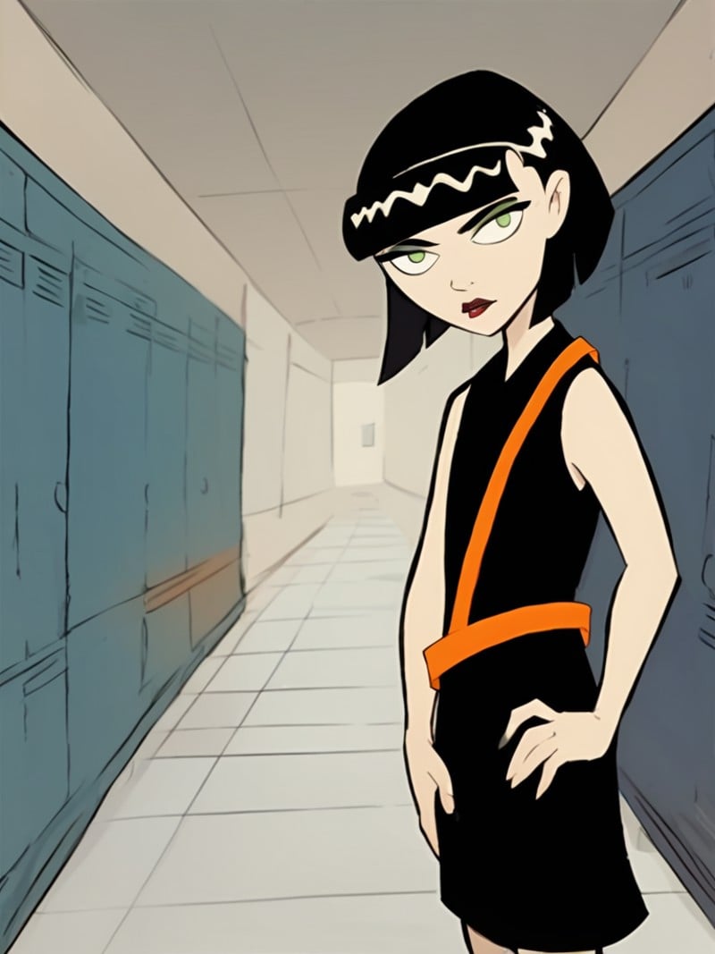 <lora:IngridPony1.0:0.9> ingridthird, 1girl, black hair, solo, short hair, green eyes, orange sash, black dress, sleeveless, makeup,hand on own hip, looking at viewer,  lipstick, bob cut,simple background, hallway,locker, score_9, score_8_up, score_7_up, score_6_up