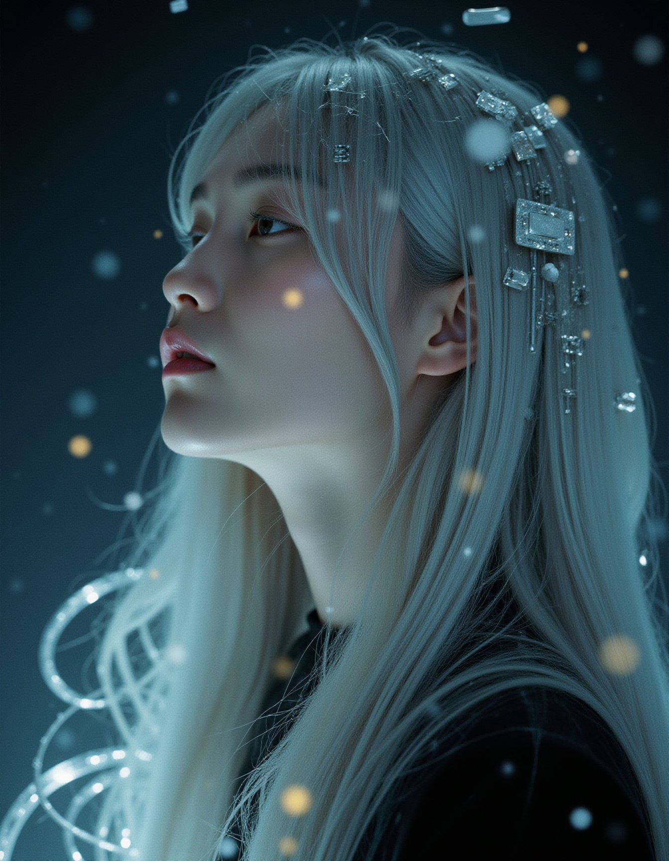 A girl with long, silver hair cascades around her face, adding a touch of otherworldly elegance, while subtle, futuristic design elements-like squares and geometric motifs inspired by Kazimir Malevich-blend seamlessly with the organic patterns. The background is a dark, starry sky with a minimalist aesthetic, enhancing the dreamy and enigmatic atmosphere. The composition features sharp focus and a shallow depth of field, capturing every detail in a moody, cinematic style, with film grain, bokeh effects, and a vignette that adds a professional, high-budget feel. The image fuses modern and analog styles, creating a stunning portrait that is both epic and ethereal, embodying the beauty of contemporary digital art and the timeless allure of classic fantasy. asian girl