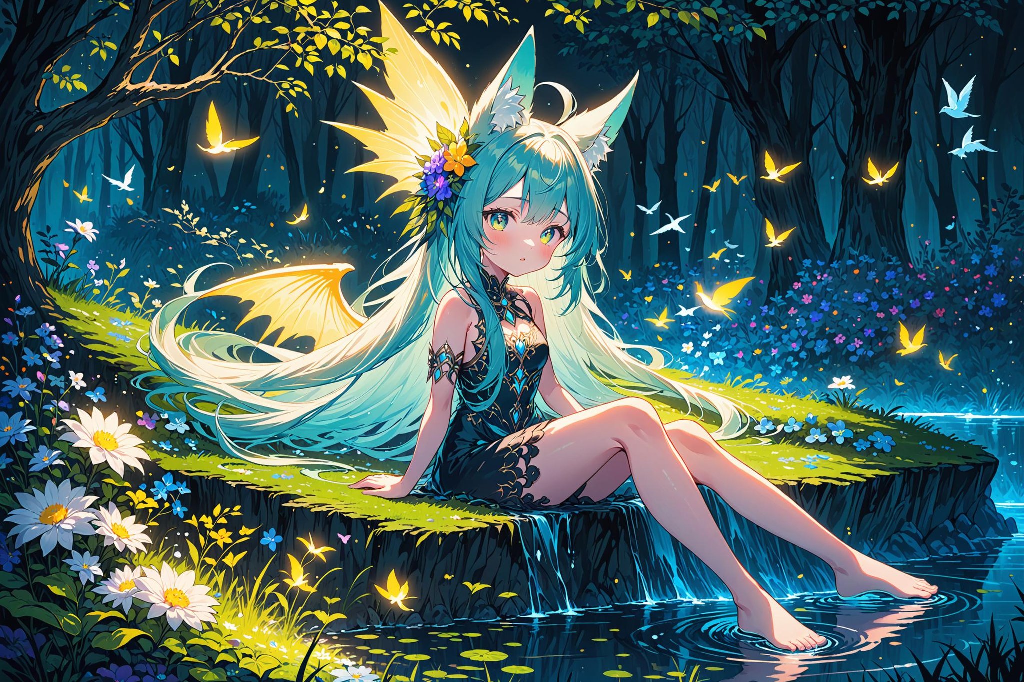 ultra-detailed,(best quality),((masterpiece)),(highres),original,extremely detailed 8K wallpaper,(an extremely delicate and beautiful),anime,\\,1girl,solo,dragon wings,dragon tail,tail,long hair,side up,one side up,black background,enchanted forest,nature,trees,dryad,fox ears,animal ear fluff,flowers,active pose,full body,flower hair,bright color hair,glowing hair,divine,goddess,barefoot,doll face,upturned eyes,long eyelashes,animals,birds,sitting,looking away,glowing water,middle of a lake,flower bed,wisps,night,petite,