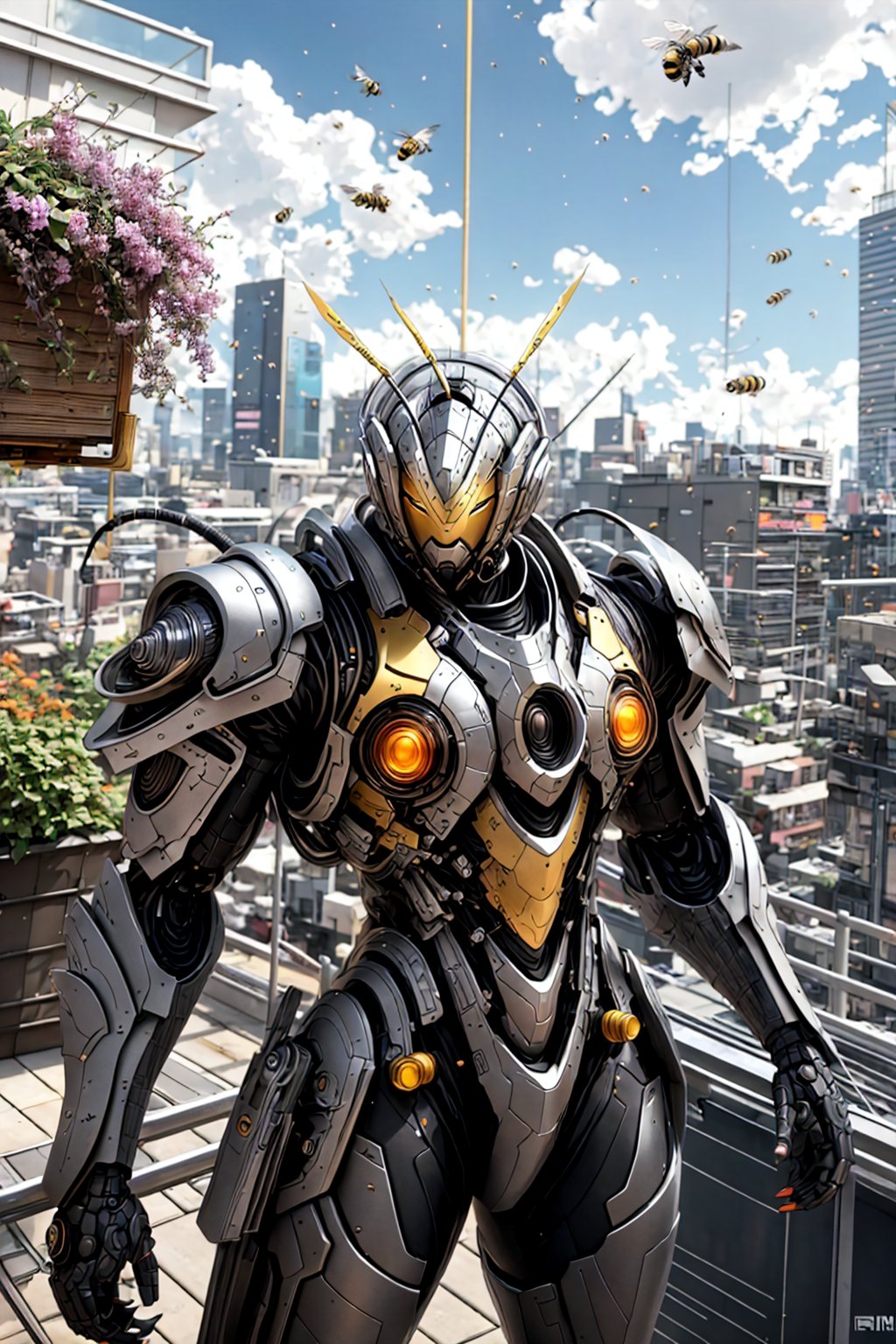 Medium shot 8k anime illustration, (Young man in French Gray zzmckzz:1.2), Rooftop beehives in Urban Gardens with busy activity, Vibrant studio anime, Detailed figure view, Buzzing bee interactions, Animated expressions, Lively urban rooftop, Richly detailed environment, Colorful anime style <lora:zzmckzz v4:1>