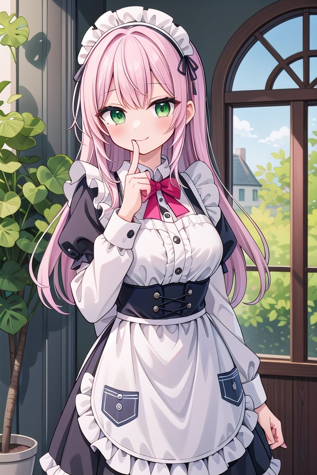 insanely detailed, absurdres, ultra-highres, ultra-detailed, best quality,1girl, solo, nice hands, perfect hands,BREAKapron, blush, bow, bowtie, frilled apron, frills, long sleeves, maid, maid apron, maid headdress, waist apron, white apronBREAKsmile, closed mouthBREAK(finger to mouth, shushing:1.2), index finger raised, cowboy shot, looking at viewer,BREAKslender, kawaii, perfect symmetrical face, ultra cute girl, ultra cute face, ultra detailed eyes, ultra detailed hair, ultra cute, ultra beautiful,BREAKday, flower, ivy, leaf, indoors, open door, plant, potted plant, vines, window,BREAKwhite (pink:1.2) hair, green eyes, long hair, medium breasts, bangs, eyebrows visible through hair,