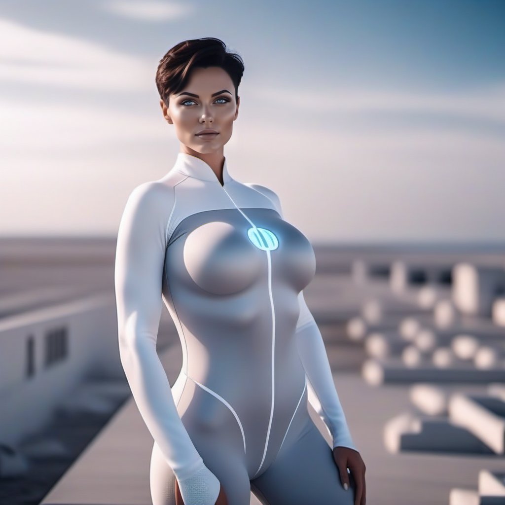 cinematic photo a full body woman with blue eyes and short dark hair, huge breast, wears a futuristic white and grey bodysuit , posing for a picture with a sky background <lora:Anissa1024:0.8> . 35mm photograph, film, bokeh, professional, 4k, highly detailed