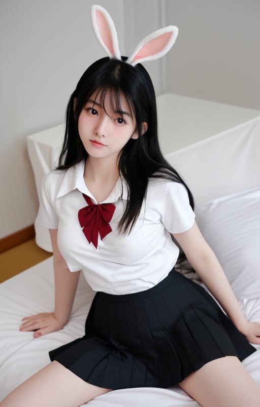 1girl,(medium breasts:1.2),long black hair,first love girlfriend,Japanese style photo,Japanese high school student,wearing school uniform,rabbit sitting,on a white bed,attractive,attractive eyes,want to have sex,looking at the camera,boyfriend perspective,big eyes,delicate features,fair skin,<lora:rixikeaishaonv:0.4>,