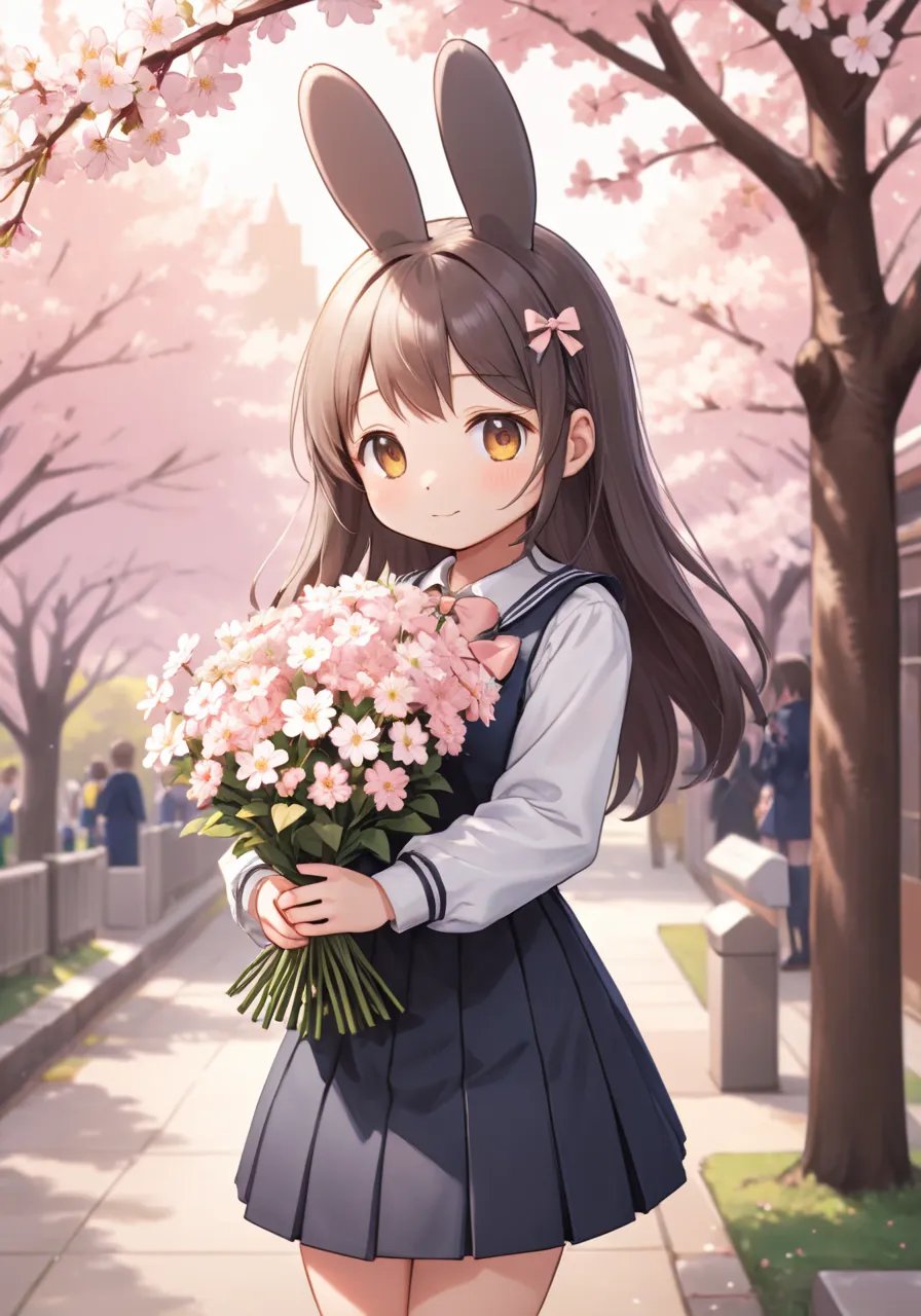 highres,best quality,pov,nsfw,Illustration of Miffy-chan from the dating sim game with a shy smile, wearing a cute school uniform with a pastel-colored bow, while holding a bouquet of flowers. The background should feature a romantic setting with cherry blossoms in full bloom and a soft, warm sunset