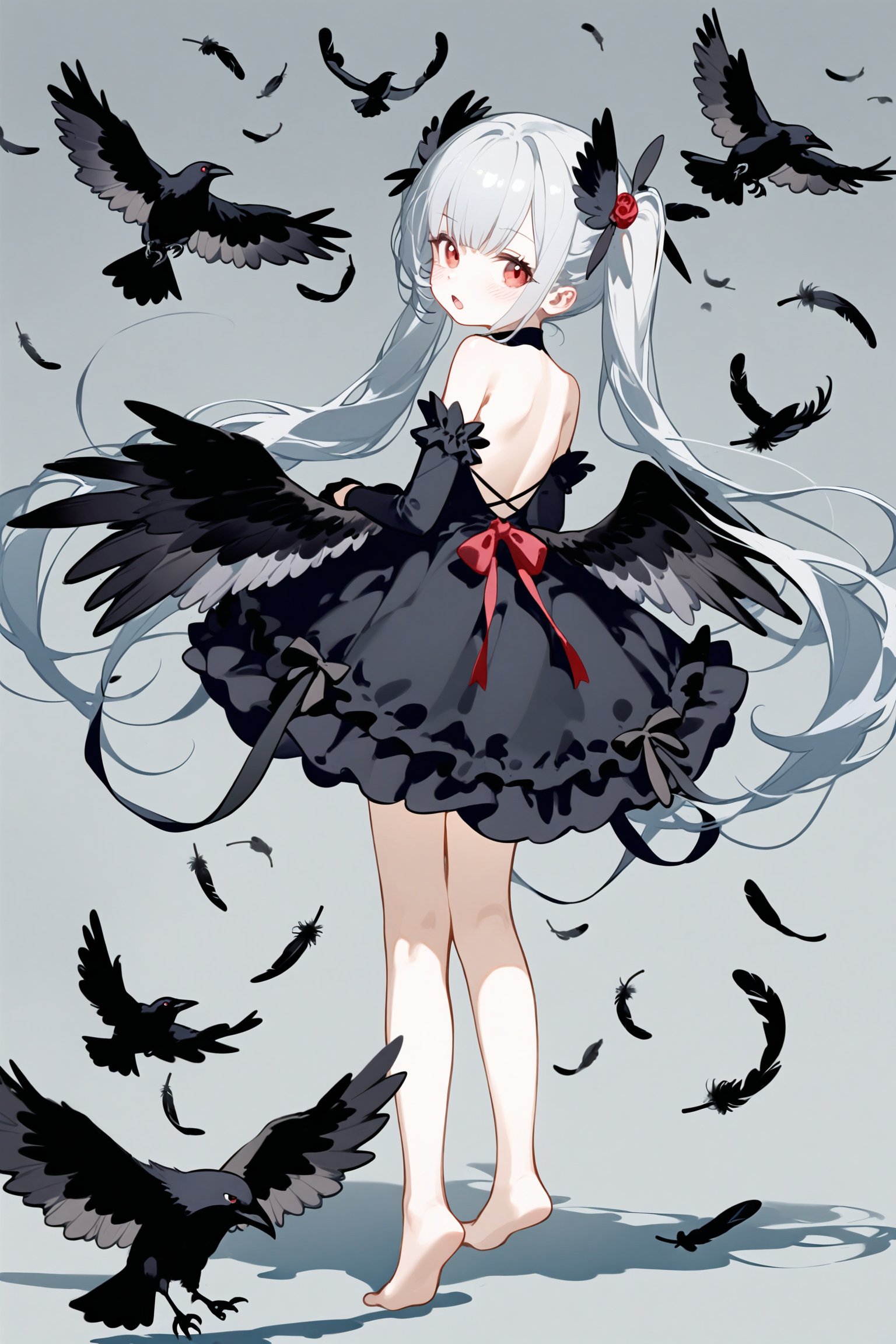 Elite loli,1girl, solo, long hair, looking at viewer, blush, open mouth, bangs, hair ornament, red eyes, gloves, dress, ribbon, bare shoulders, twintails, very long hair, standing, full body, grey hair, detached sleeves, wings, barefoot, black gloves, looking back, black dress, head tilt, bare legs, sleeveless dress, bird, feathers, feathered wings, black wings, backless outfit, backless dress, crow, black feathers,