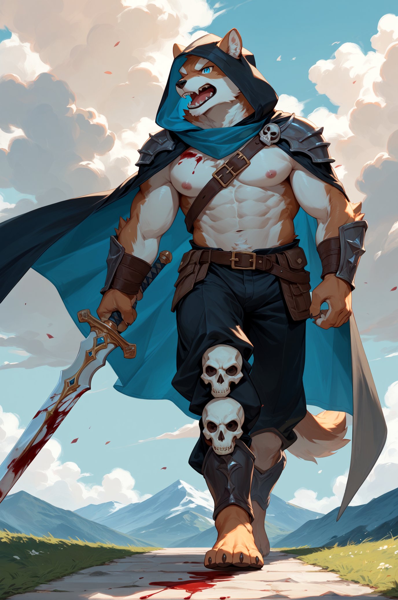 score_9,score_8_up,score_7_up,furry,kemono,high quality,full body,tail,furry,rating_explicit,embedding:zPDXL2 BREAK anthro male furry,solo,(8k landscape photography:1.2),skeletton knight,skull head,blue turquoise eyes,shiny eyes,dark background,from side,coming cloud of smoke,dark smoke,walking,open mouth,dark armor,blood stains,painting,side view,holding one sword,black hood,shout,roar,cape,full body,