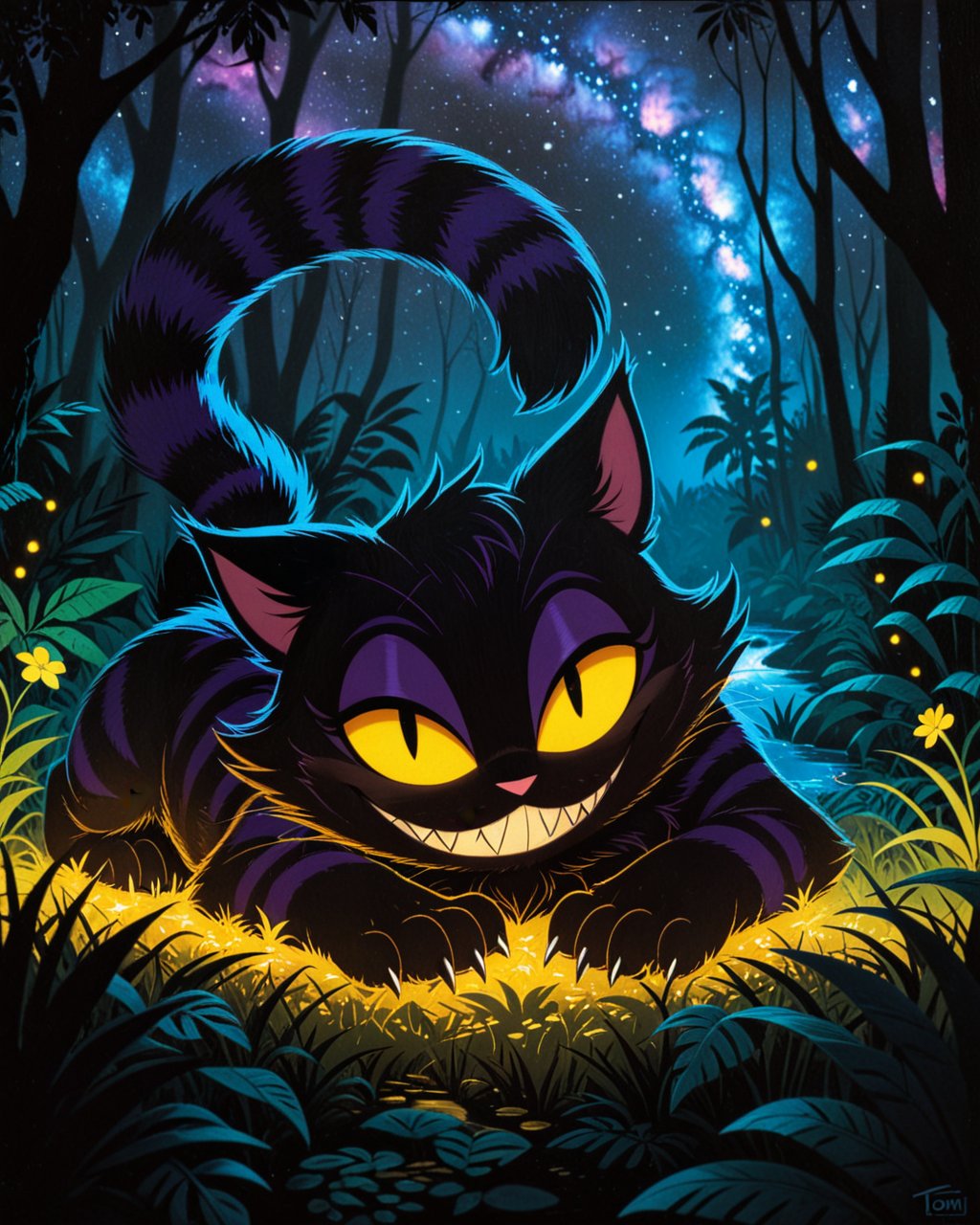 solo toony chibi cheshire cat, shadow creature, sharp teeth, stripes body, lying on front, looking at viewer, claws, glowing yellow eyes, big eyes, bedroom eyes, fluffy fur, smirk, BREAK, by Saul Bass, by Tomi Ungerer, detailed background, detailed foreground, depth of field, ambient silhouette, backlighting, night forest, jungle, starry, nebula, plant, glowing flower, river, yellow light, BREAK, masterpiece, best quality, ultra realistic, 4k, 2k, high detail, subsurface scattering, film photography, sharp focus, RAW photo, photorealistic, photorealism