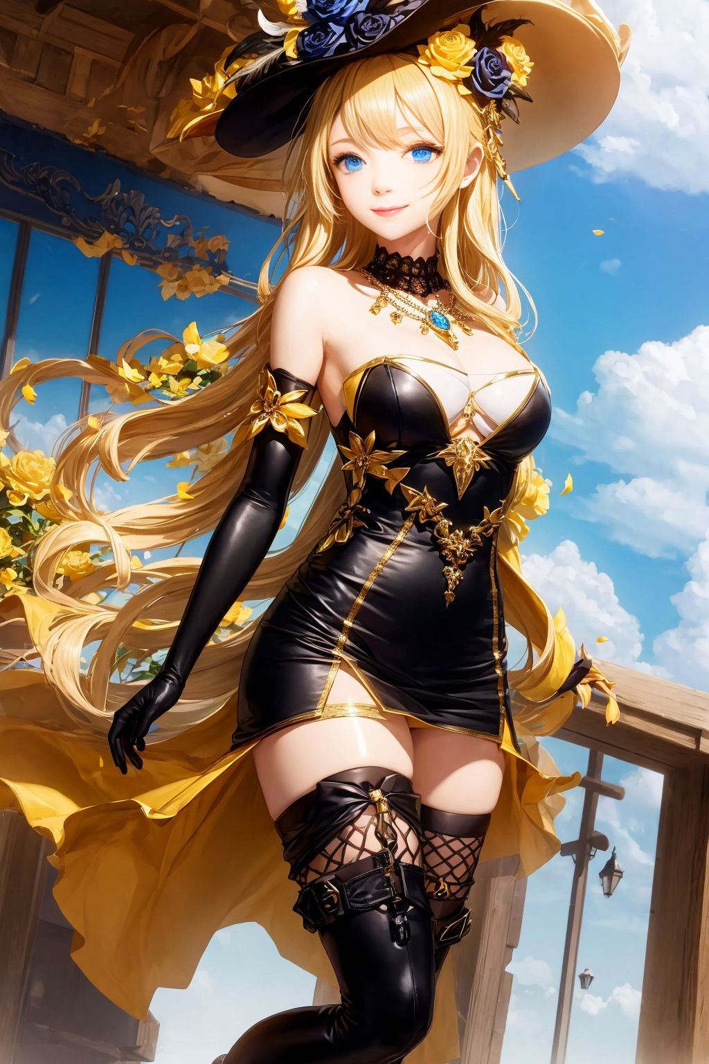 best quality,masterpiece,highres,cinematic lighting,wallpaper,absurdres,Navia,1girl,solo,long hair,breasts,smile,bangs,blue eyes,blonde hair,large breasts,thighhighs,gloves,hat,dress,cleavage,bare shoulders,jewelry,medium breasts,very long hair,closed mouth,flower,boots,outdoors,sky,day,black gloves,elbow gloves,black thighhighs,cloud,necklace,black footwear,black dress,blue sky,zettai ryouiki,black headwear,strapless,rose,animal,thigh boots,short dress,cat,strapless dress,yellow flower,hat feather,gold,yellow rose,