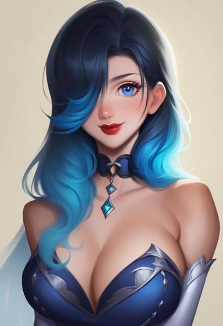 score_9, score_8_up, score_7_up, rating_safe,j1njunm1n, jinjunmin, Jinjun Min,1girl, solo, long hair, breasts, looking at viewer, blush, smile, bangs, blue eyes, large breasts, black hair, closed dress, gloves, dress, bare shoulders, closed mouth, blue hair, upper body, multicolored hair, elbow gloves, hair over one eye, collar, lips, gradient hair, red lips,