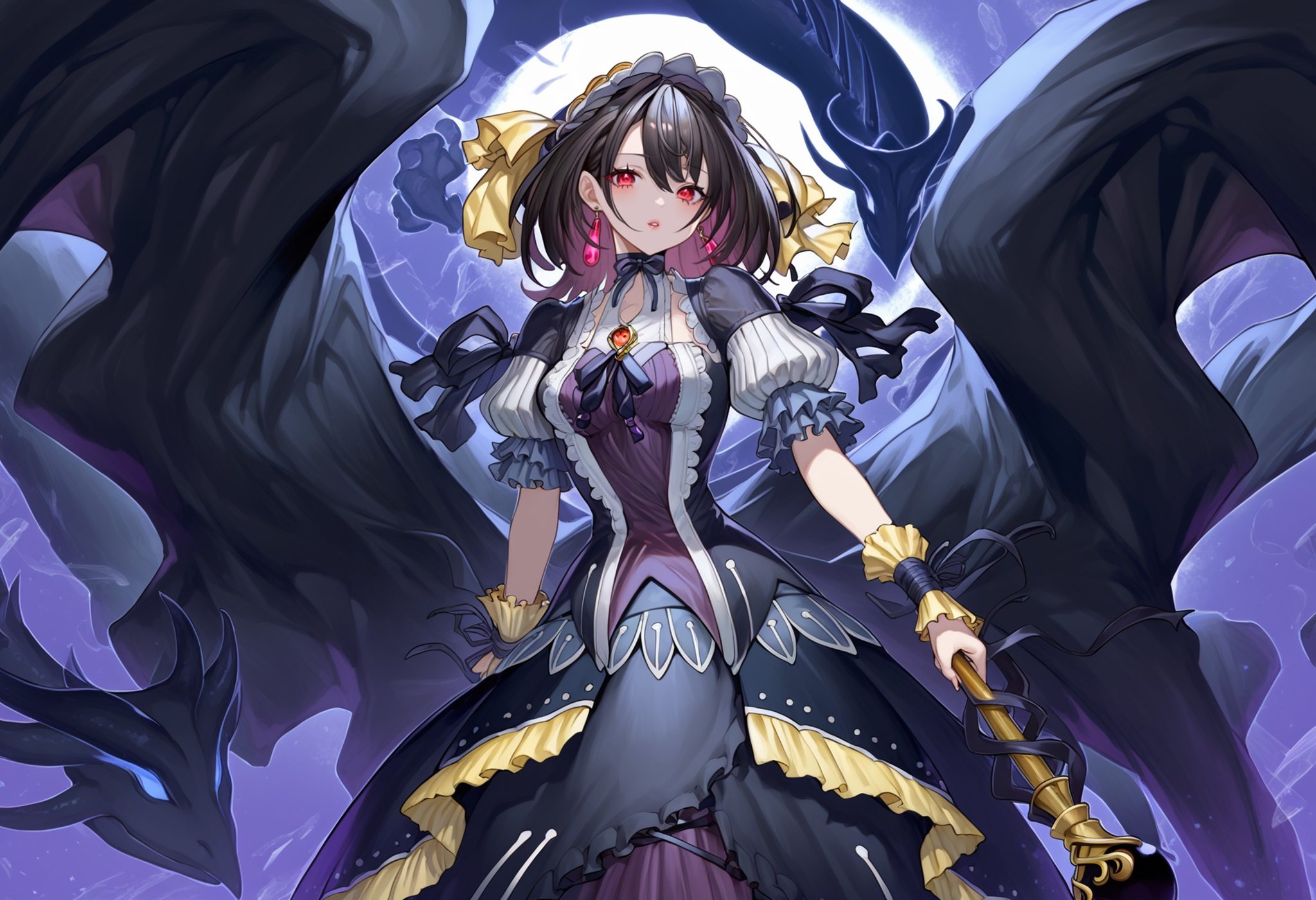 (score_9:0.9),score_8_up,score_7_up,anime style,rating_safe,(zPDXL),<lora:underworld goddess of the closed world ponyXL v1:0.83>,puffy short sleeves, underworld goddess of the closed world, black princess dress, 1girl, solo, holding, looking at viewer, staff, holding staff, wings, black wings, medium breasts, yellow hairband, black dragon