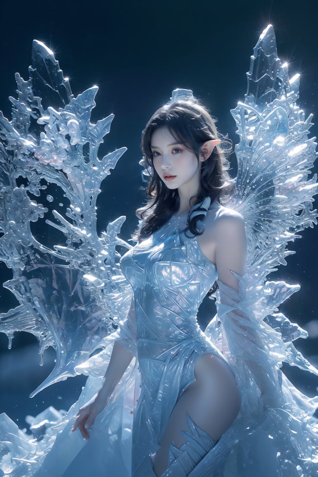 <lora:冰魄V2_Bingdonng:0.6>,1girl，ice and flowers, 1个Giant Breast Girl，AS-Adult（Ice Elves：0.7）woman，ice magic，Beautiful girl fantasy iridescence,Snow Queen，ice feathers，icecrystaltexturewings，ferocious wings，Spread your huge wings，Atomized feathers，the angel's wings，White wings，icey，large wings，melt，Monowing，独奏，Wing arms，angelicales，harp，Ice wings with crack marks，flower wings，the sunset，Multiwing，flight , Ice fragments, Elf wings，