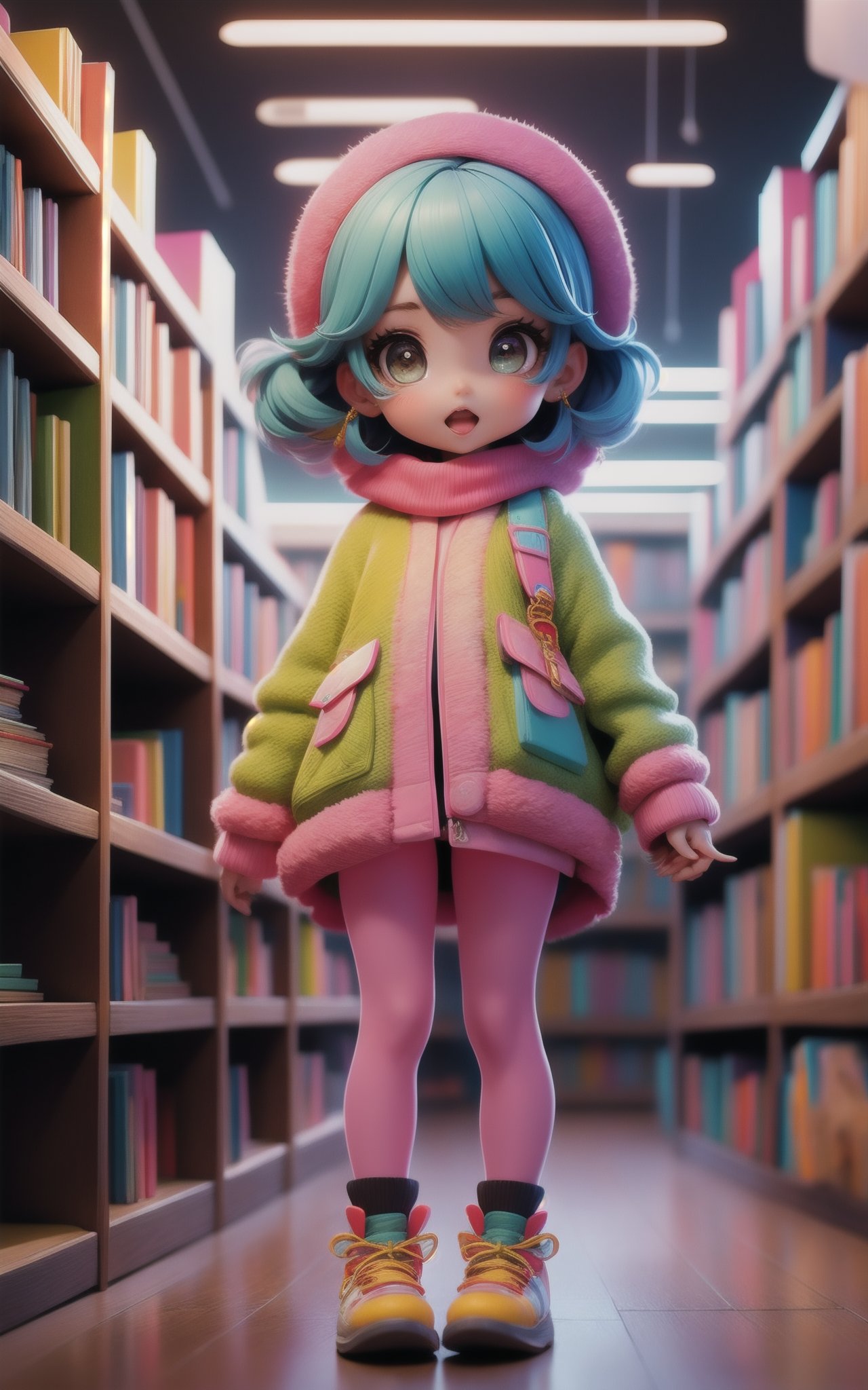 1girl,Short curtain bangs hairstyle,A vibrant, contemporary bookstore, filled with a variety of modern books and a bright, cozy design,Knitted poncho and leggings,Worried facial expression,dynamic attitude,