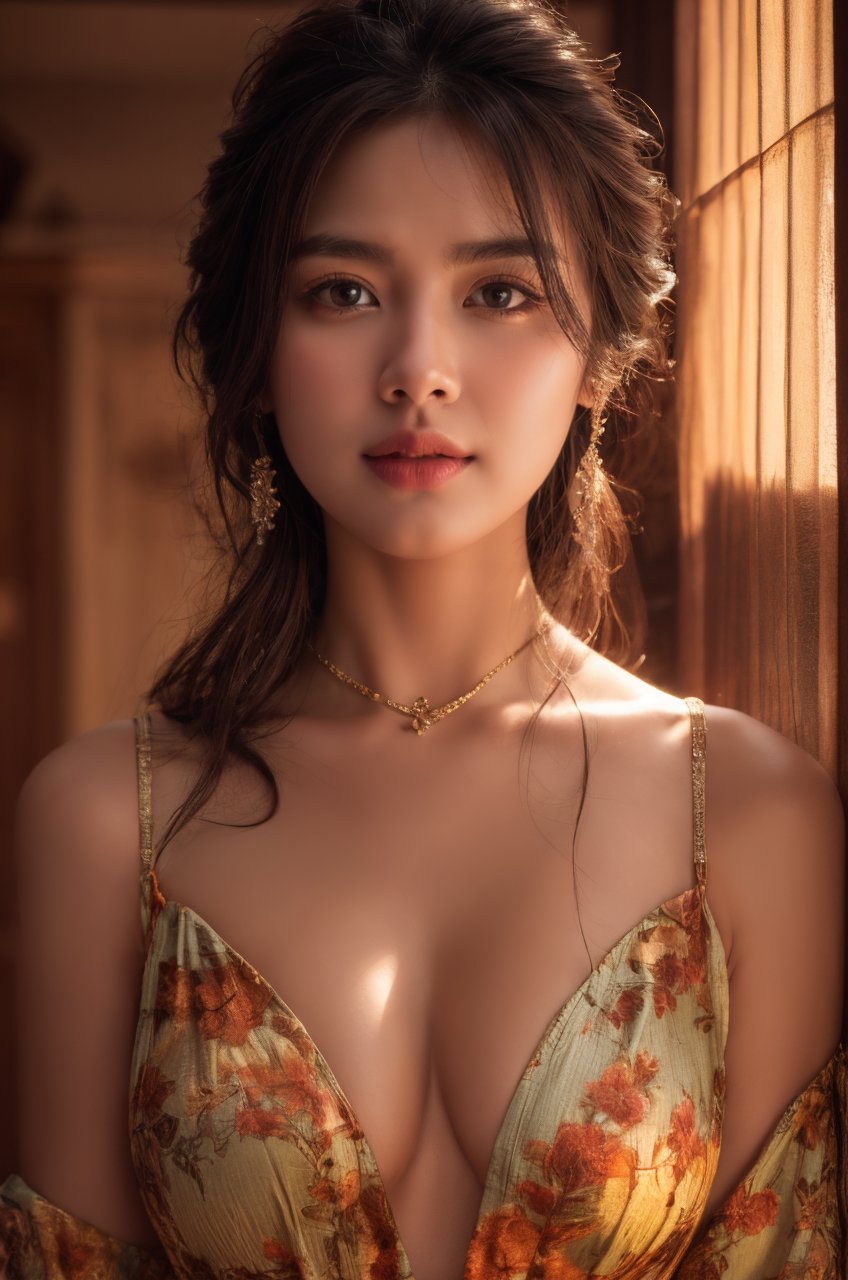 1girl, solo, breasts, looking at viewer, large breasts, brown hair, black hair, dress, cleavage, bare shoulders, brown eyes, jewelry, closed mouth, collarbone, upper body, earrings, necklace, lips, floral print, realistic, <lora:Enhanced Details Booster:0.8>, RAW photo, (masterpiece:1.3), subsurface scattering, heavy shadow, (high quality:1.4), (intricate, high detail:1.2), professional photography, HDR, High Dynamic Range, realistic, ultra realistic, photorealistic, high resolution, film photography, DSLR, 8k uhd, Fujifilm XT3