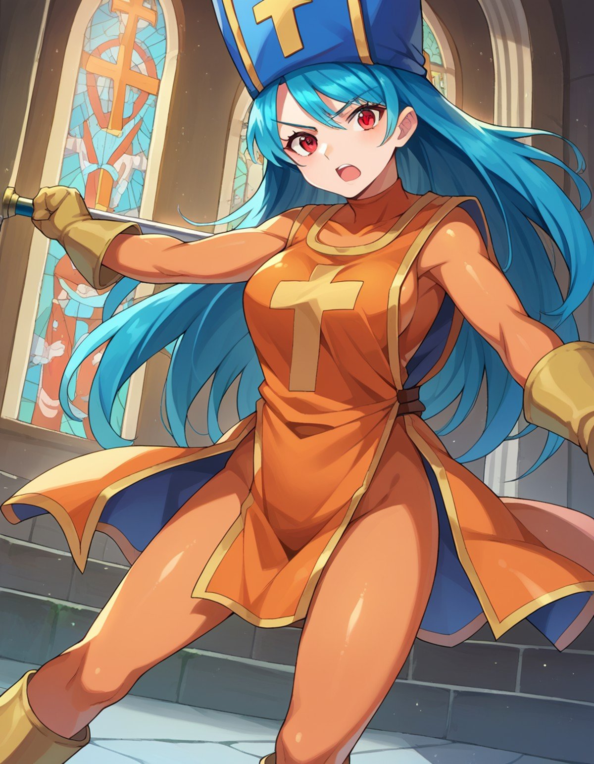 score_9, score_8_up, score_7_up, source_anime,dqpriest, <lora:dq-priest-ponyxl-lora-nochekaiser:1>,priest, aqua hair, blue hair, long hair, red eyes,bodysuit, boots, cross, gloves, hat, mitre, orange bodysuit, tabard, mace, weapon, holding weapon,indoors, church, fighting stance,looking at viewer, dutch angle, cowboy shot,