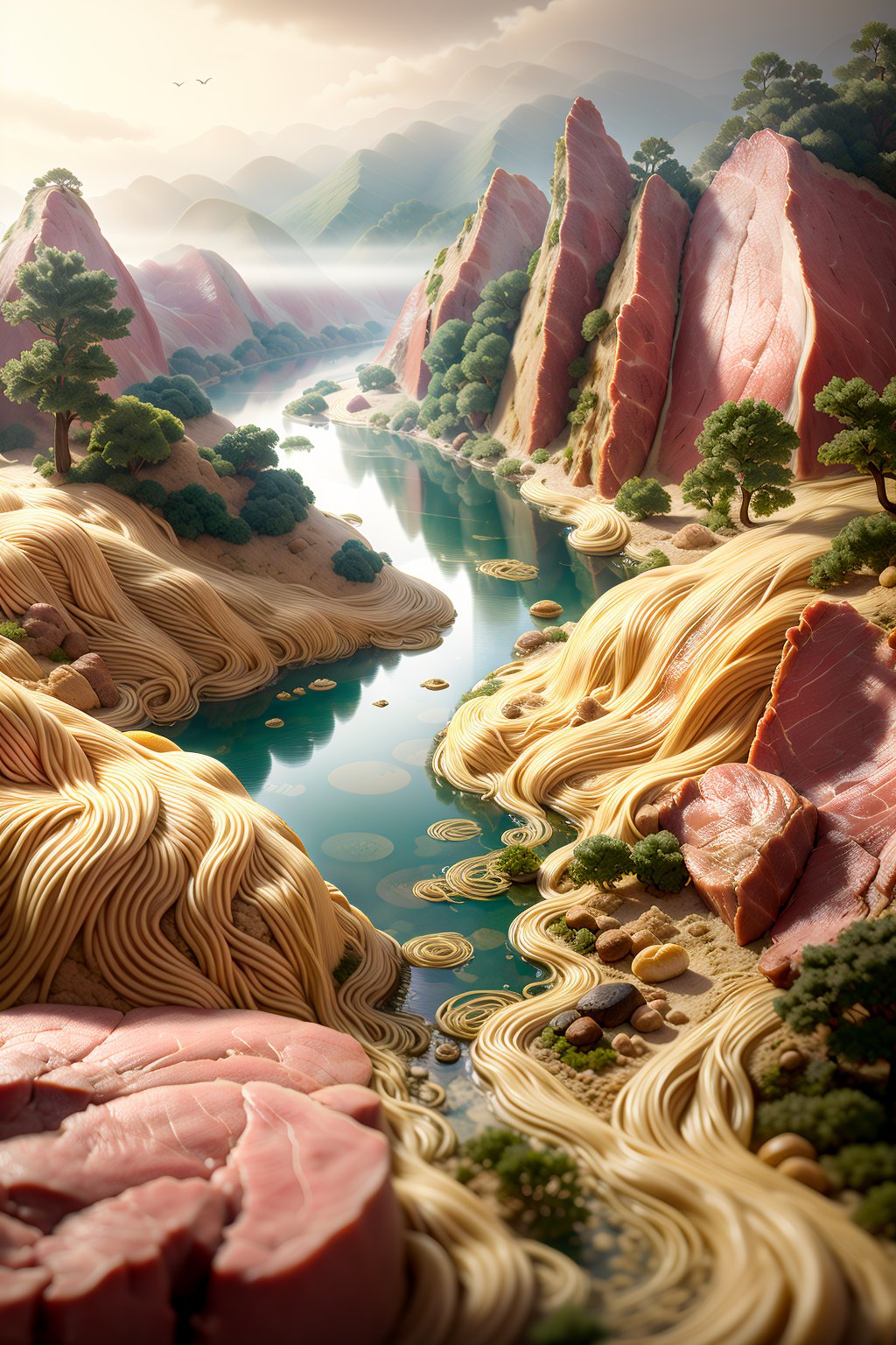 masterpiece,best quality,<lora:微缩世界-美食版:0.8>, miniature  photography,the river of noodles,a mountain formed by meat,the mountain formed by bread,