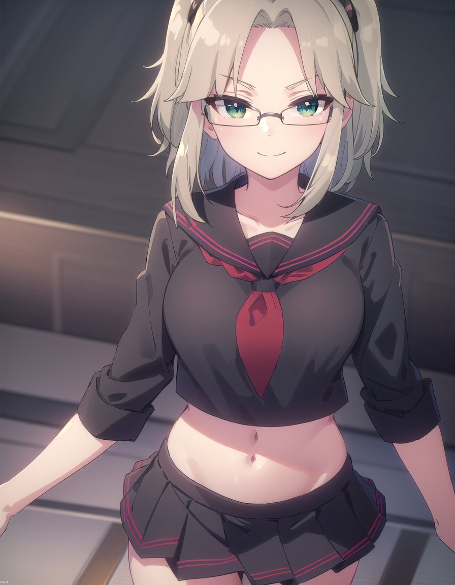 skimu, <lora:sk imu s1-lora-nochekaiser:1>,imu, (green eyes:1.3), glasses, hair ornament, twintails, (parted bangs:1.5), blonde hair,BREAK skirt, shirt, long sleeves, navel, school uniform, pantyhose, pleated skirt, necktie, serafuku, midriff, black skirt, sailor collar, black shirt, black sailor collar, (black serafuku:1.2),BREAK outdoors, classroom,BREAK looking at viewer, (cowboy shot:1.5), smile,BREAK <lyco:GoodHands-beta2:1>, (masterpiece:1.2), best quality, high resolution, unity 8k wallpaper, (illustration:0.8), (beautiful detailed eyes:1.6), extremely detailed face, perfect lighting, extremely detailed CG, (perfect hands, perfect anatomy),