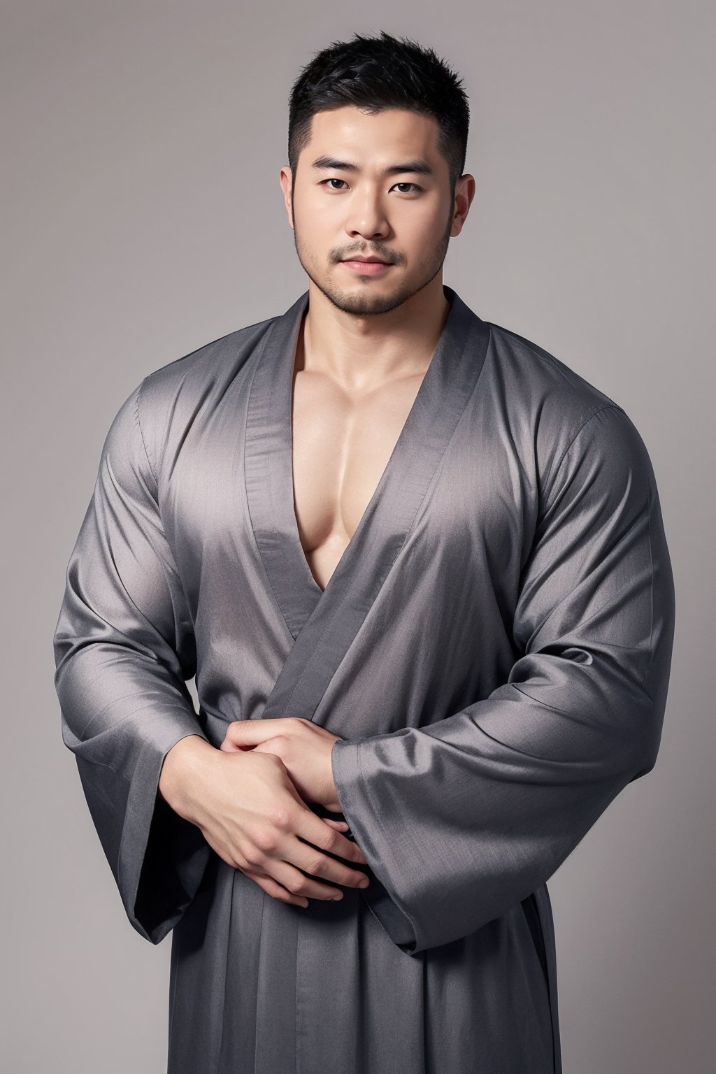 zhuangxiong,male focus,bara,expose pectoral muscle,gray gradient background,kimono,<lora:bara_male_v2.0:0.8>,, masterpiece,best quality,