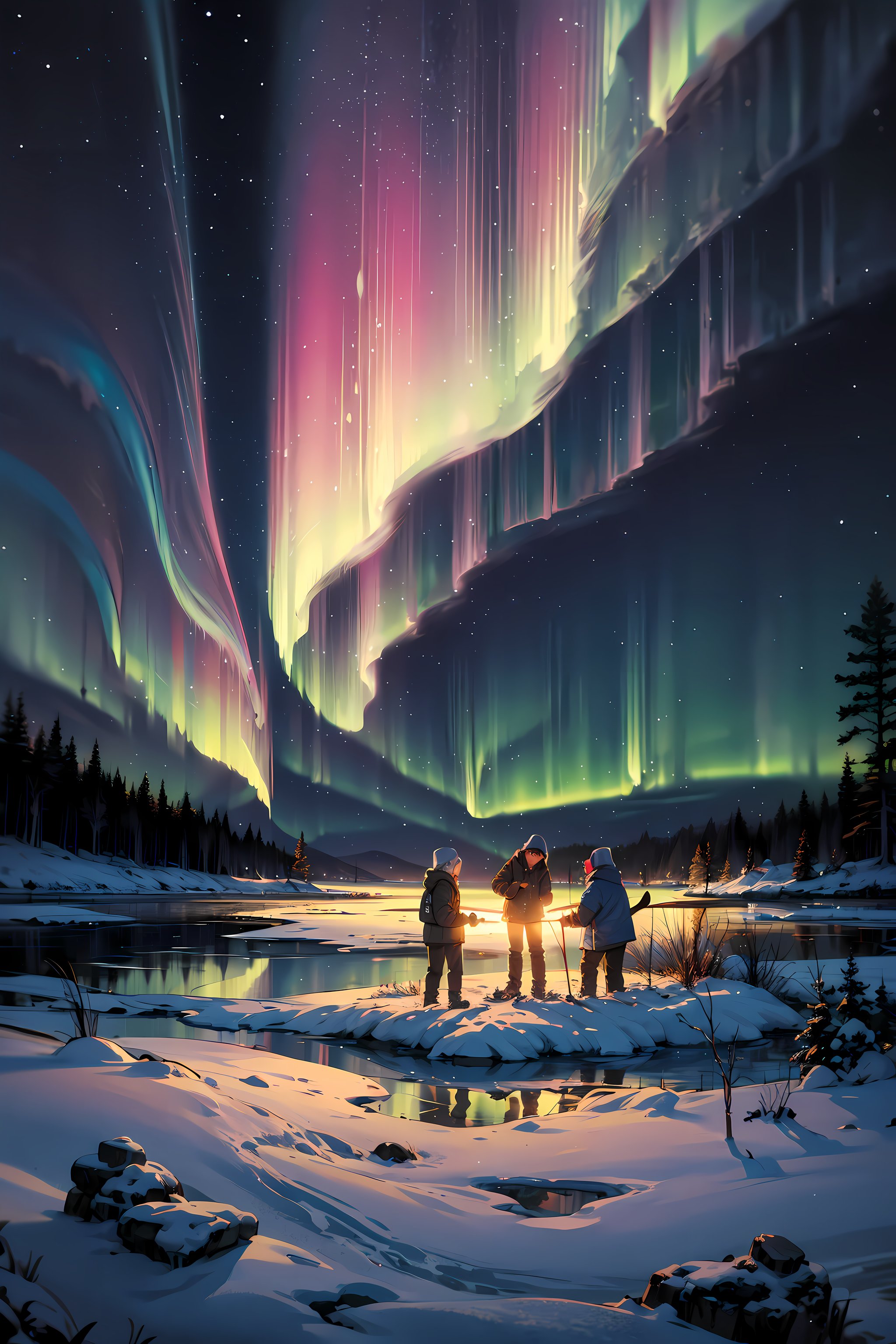 Draw a scene of ice fishing, where people are huddled around a small hole in a frozen lake, patiently waiting for a catch. the mesmerizing beauty of the Northern Lights