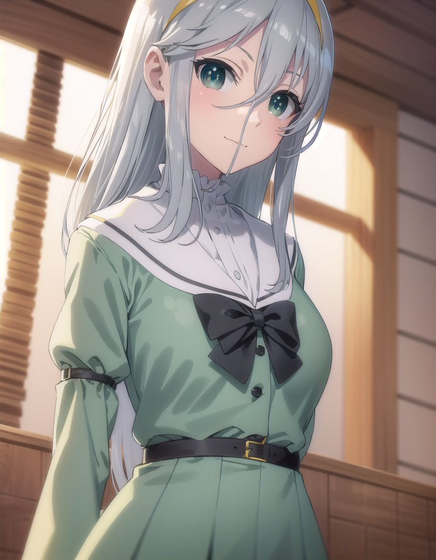 gekkosenko, <lora:sk gekko senko s1-lora-nochekaiser:1>,gekko, long hair, hair between eyes, (green eyes:1.3), grey hair, hairband, yellow hairband, smile,BREAK bow, school uniform, serafuku, long sleeves, puffy sleeves, grey serafuku,BREAK indoors, classroom,BREAK looking at viewer, (cowboy shot:1.5),BREAK <lyco:GoodHands-beta2:1>, (masterpiece:1.2), best quality, high resolution, unity 8k wallpaper, (illustration:0.8), (beautiful detailed eyes:1.6), extremely detailed face, perfect lighting, extremely detailed CG, (perfect hands, perfect anatomy),