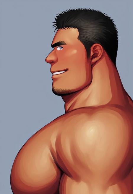 score_9,score_8_up,score_7_up, detailed face, detailed body, detailed eyes, Highest Quality, 4k, masterpiece, Amazing Details, source_anime, (((Moritake, side view, portrait))), (solo, 1boy, muscle, big pecs, big muscles,) ((smile, looking to viewer, bara, face focus)), black hair, goatee,