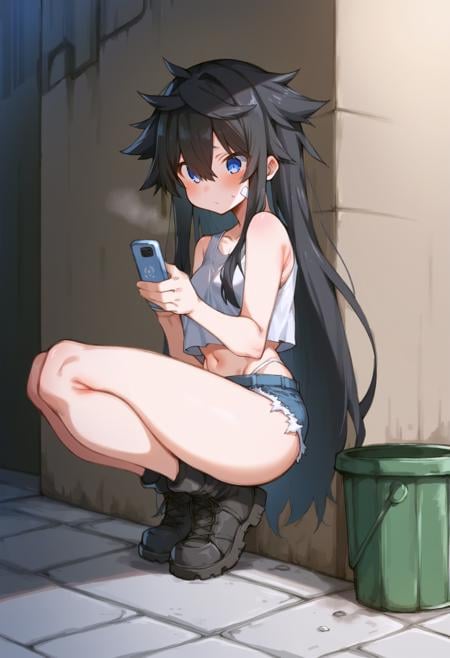 score_9, score_8_up, score_7_up,BREAKsource_anime,BREAK1girl, very long hair, black hair, messy hair, hair flaps, hair between eyes, blue eyes,squatting, street, alley, night, holding phone, crop top, micro shorts, boots, trash can, leaning back, against wall, <lora:kz oji-v1-PDXL:1>