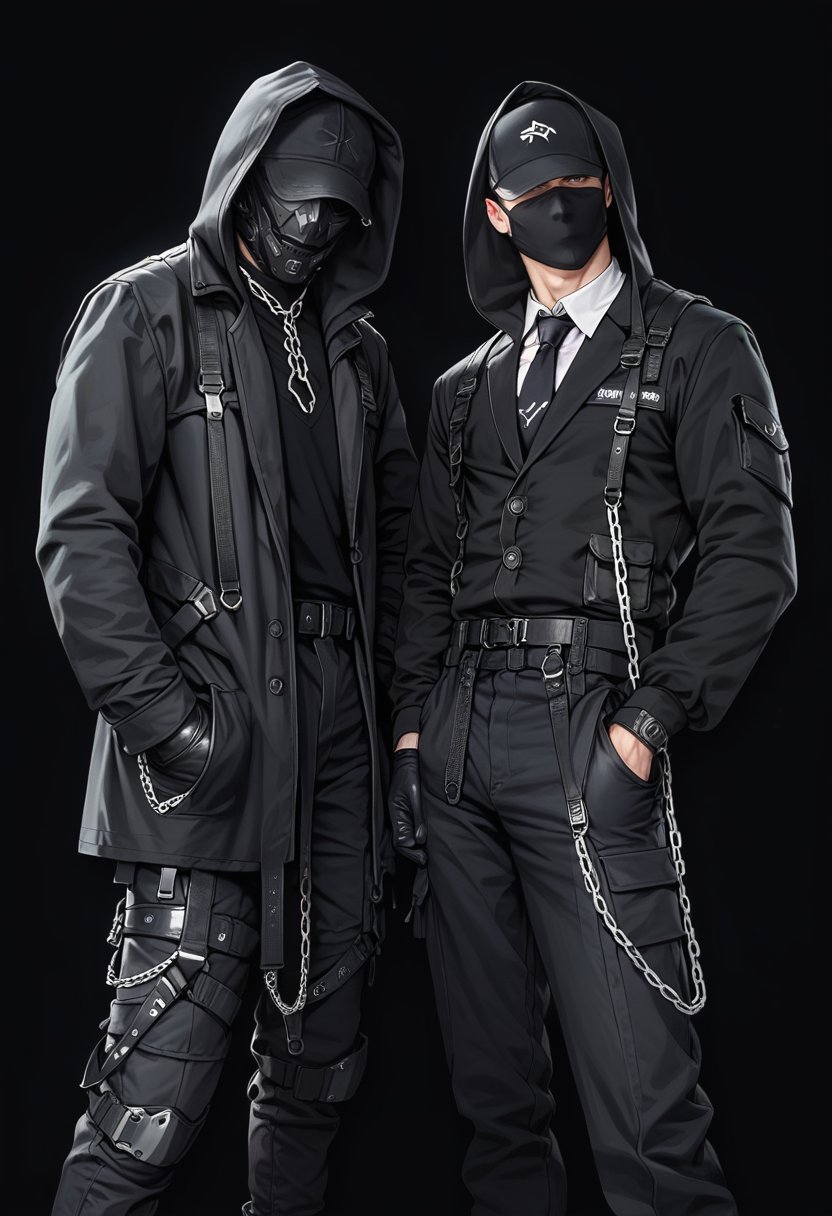 (score_9, score_8_up), score_7_up, zPDXL, dark_techwear, 2boys, gloves, long sleeves, standing, necktie, black gloves, belt, hood, black coat, black shirt, mask, chain, black necktie, black dress shirt, hood up, hand in pocket, black coat, black background, simple background, <lora:dark_techwear-000016:0.9>